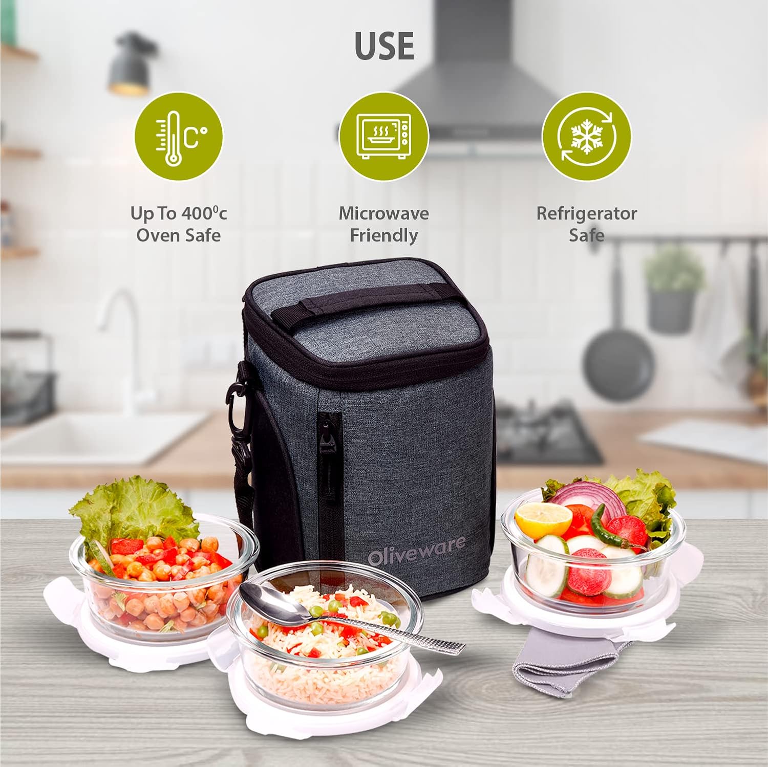 SOPL-OLIVEWARE Grace Glassware Round Lunchbox, Napkin & Steel Spoon, Borosilicate Glass & Microwave Proof, Set of 3 (400ml) - Grey