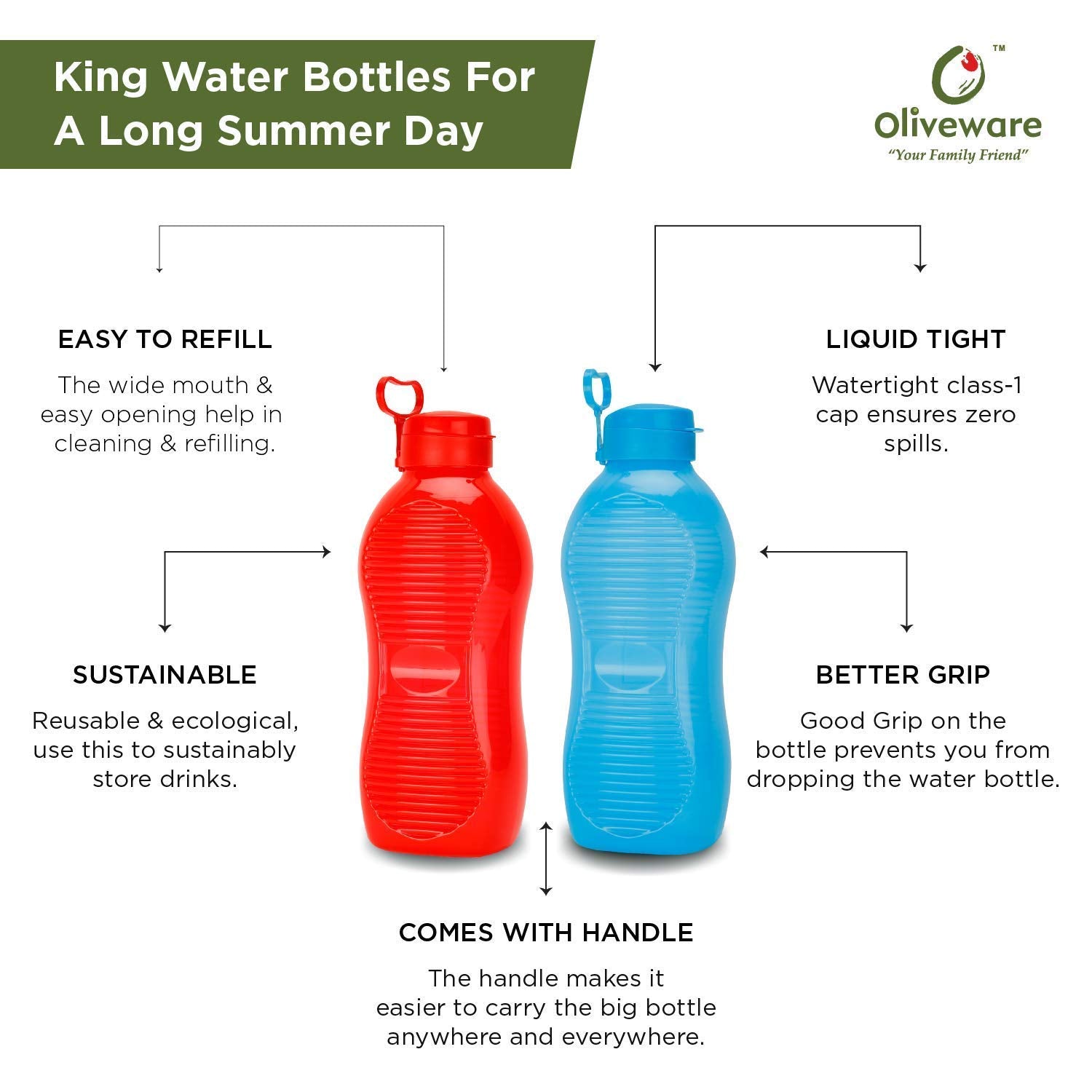 oliveware King Plastic Water Bottle, 2L, Set of 6, Multicolour