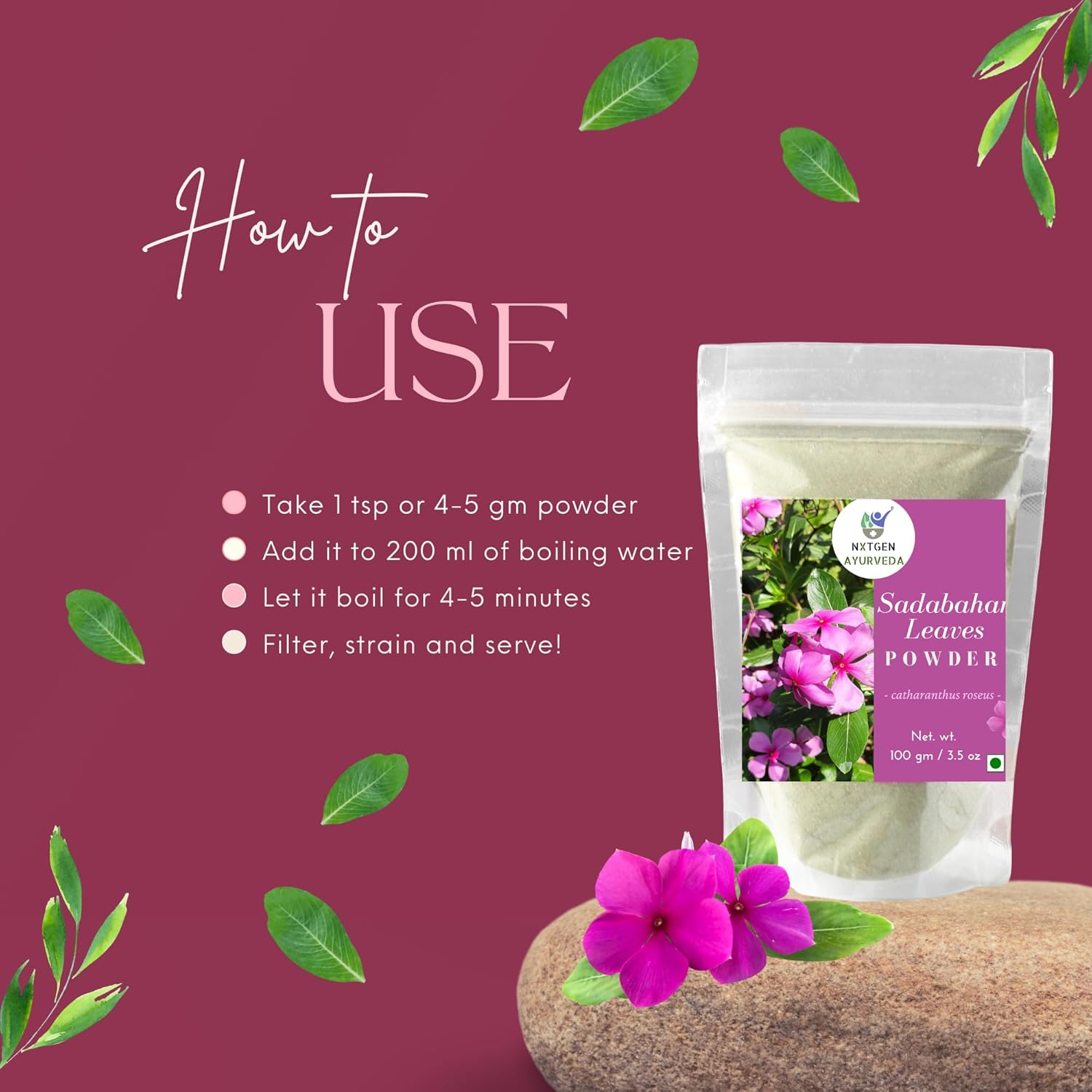 Nxtgen Ayurveda Sadabahar Leaves Powder | 100 gm | Nithyakalyani | Catharanthus Roseus | Madagascar Periwinkle | Sadapushpa