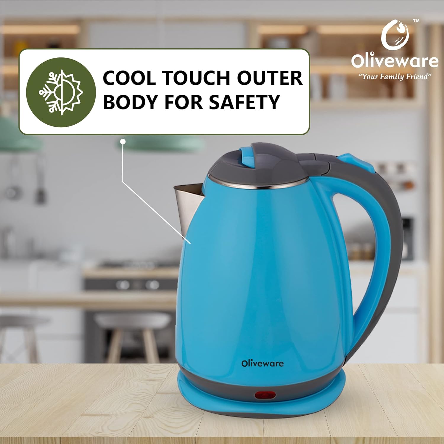 Elegant Electric Kettle by Oliveware, 1.8 litre, 360 degree Rotation, Heat Protection Handle, Automatic Power off - (Blue, 1800 ml)