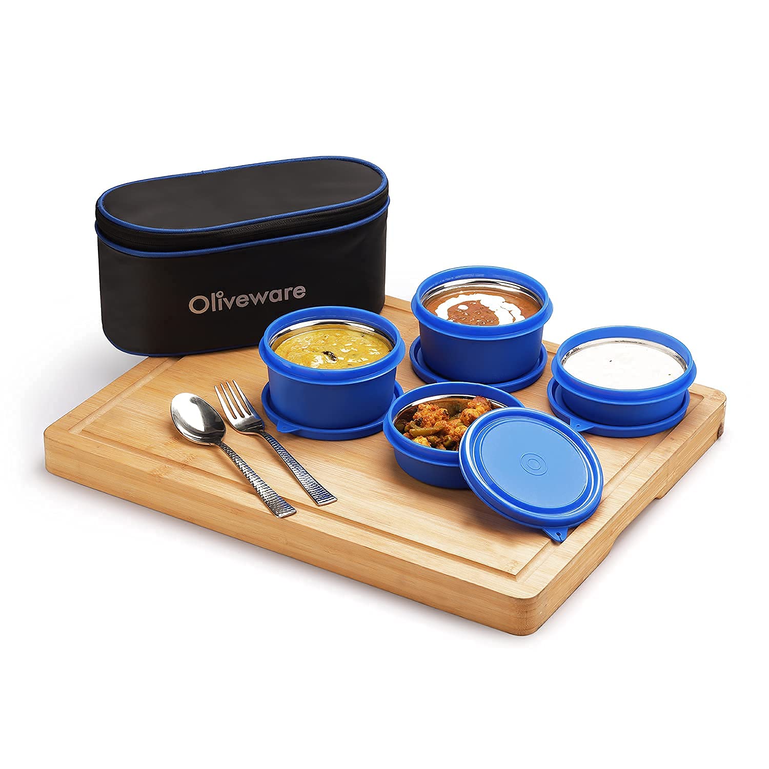 SOPL-OLIVEWARE Valley Lunch Box, Steel Spoon & Fork, Microwave Safe, 4 Inner Steel Container with BPA Free Lid (2 * 290ml & 2 * 450ml), Fabric Bag - Blue