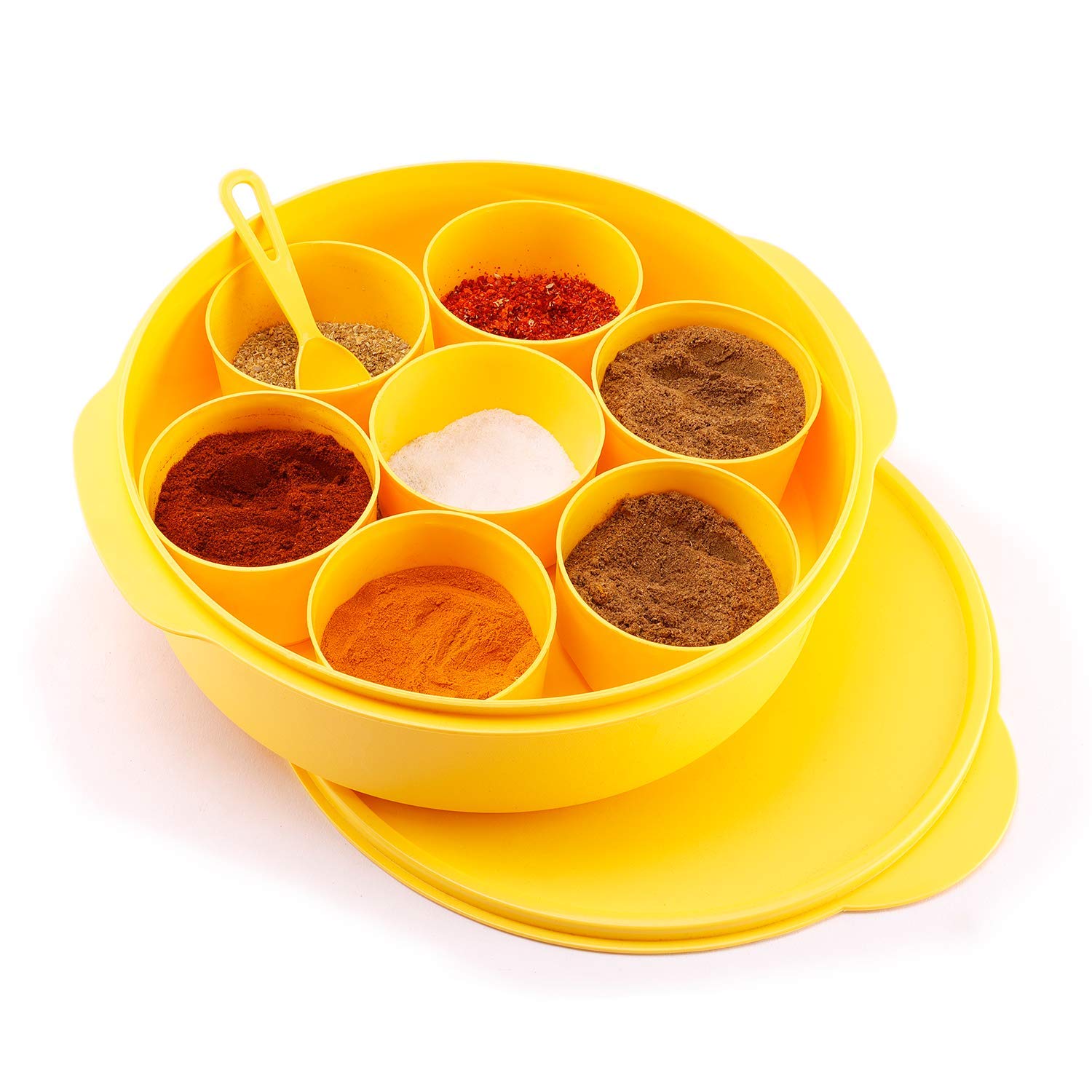 oliveware with Device Plastic Masala Box with Spoon - 700 microliters, 7 Containers with Spoon, Yellow