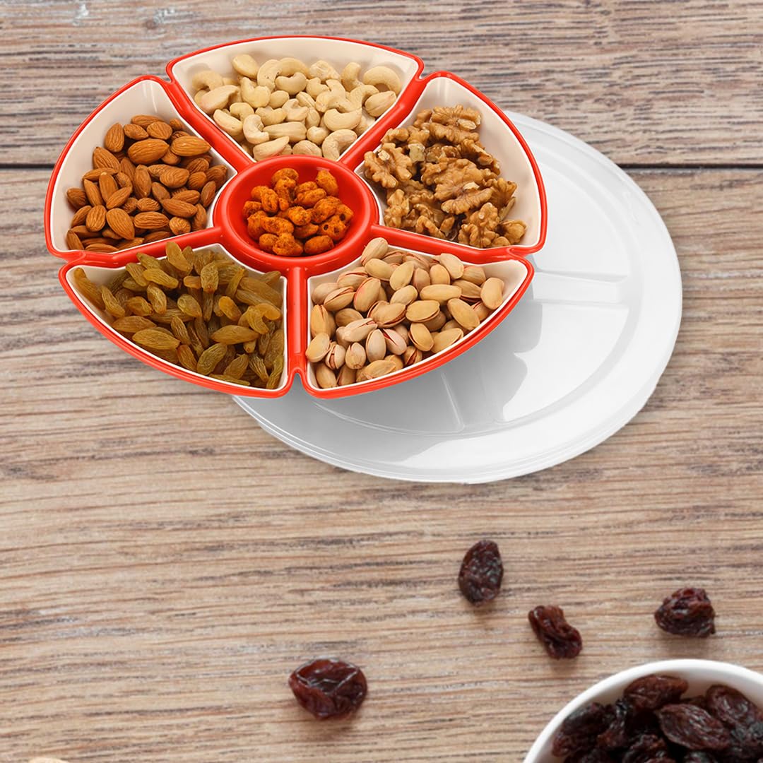 Oliveware Flower Snack Container with 5 Compartments | Storage & Serving Snacks, Dry Fruits, Biscuits, Candy | Hard Plastic | Multi Purpose - Red