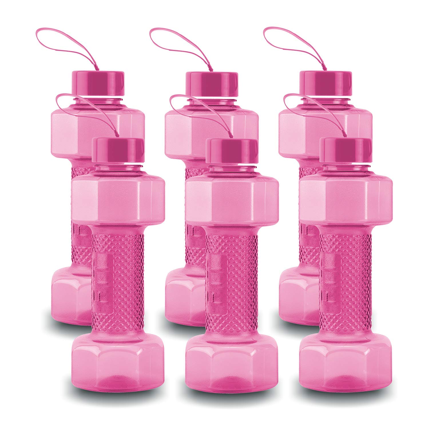 oliveware Plastic Dumbbell Water Bottle With Carry Strap, 750ml, Set of 6, Pink