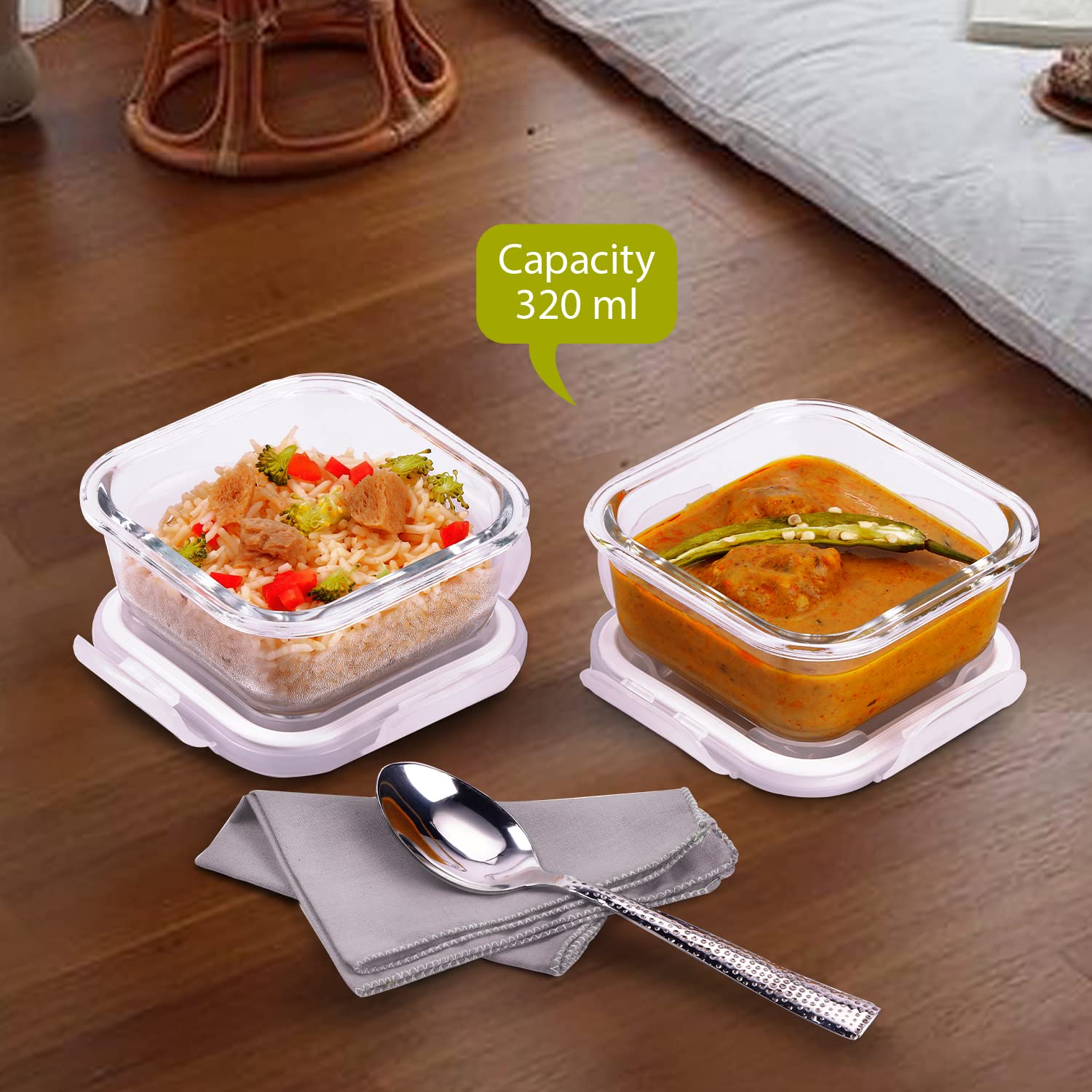 SOPL-OLIVEWARE Prism Borosilicate Glassware Square Lunchbox, Microwave Proof, Napkin & Steel Spoon, Set of 2 with 320ml Each - Grey