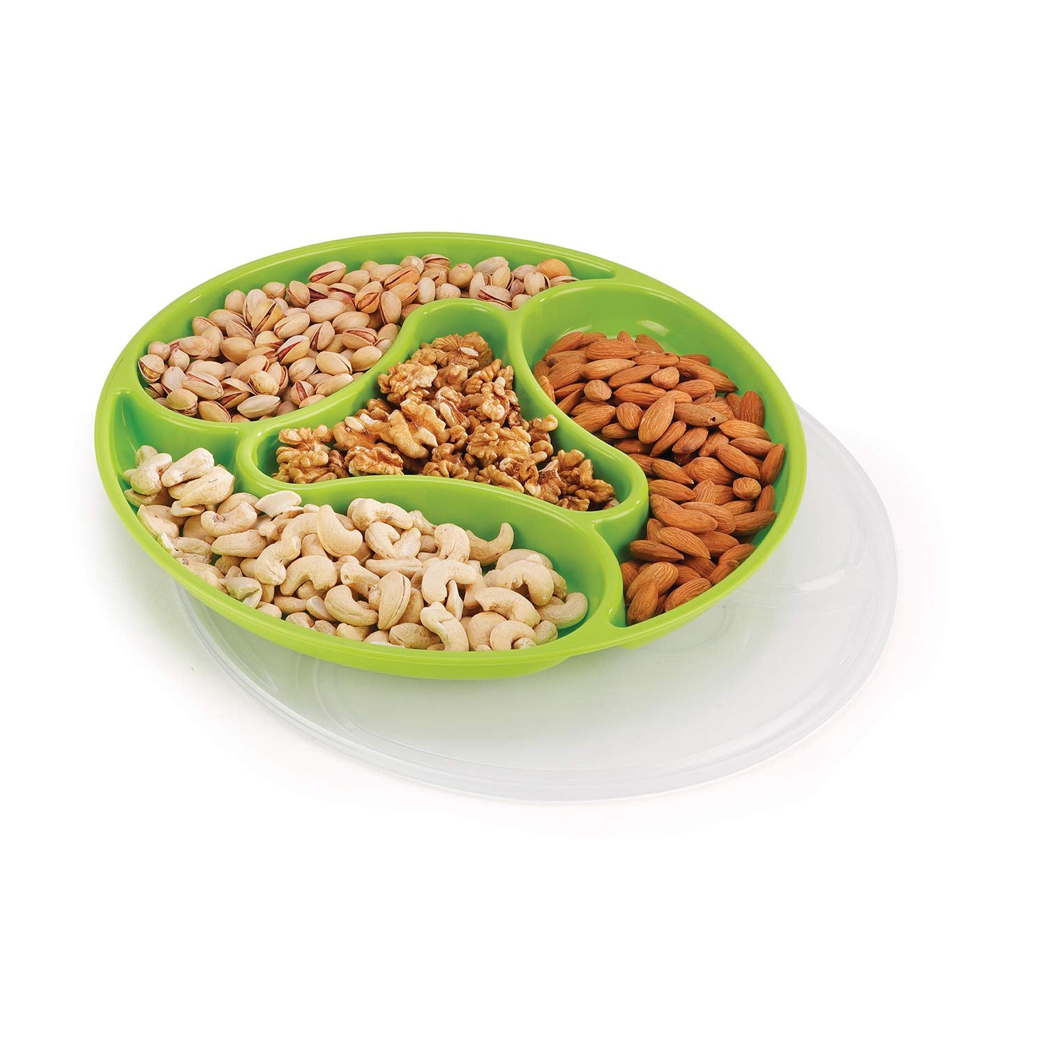 oliveware Majestic Snaks & Dry Fruit Candy Tray with Airtight Lid, BPA Free Plastic, 4 compartments (4x300 ml), Store & Serve - Green