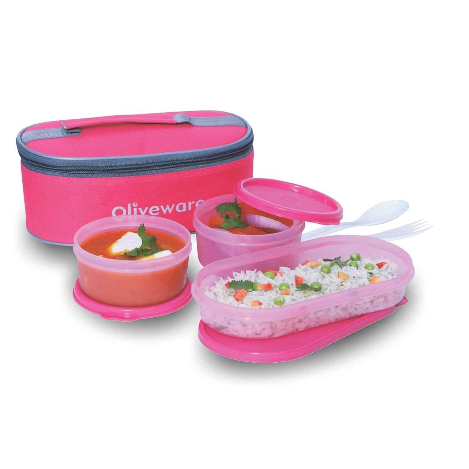 oliveware Double Decker Lunch Box Tiffin, 3 Containers with Plastic Spoon & Fork (300ml, 300ml & 450ml), 100% Leak Proof & BPA Free - Pink