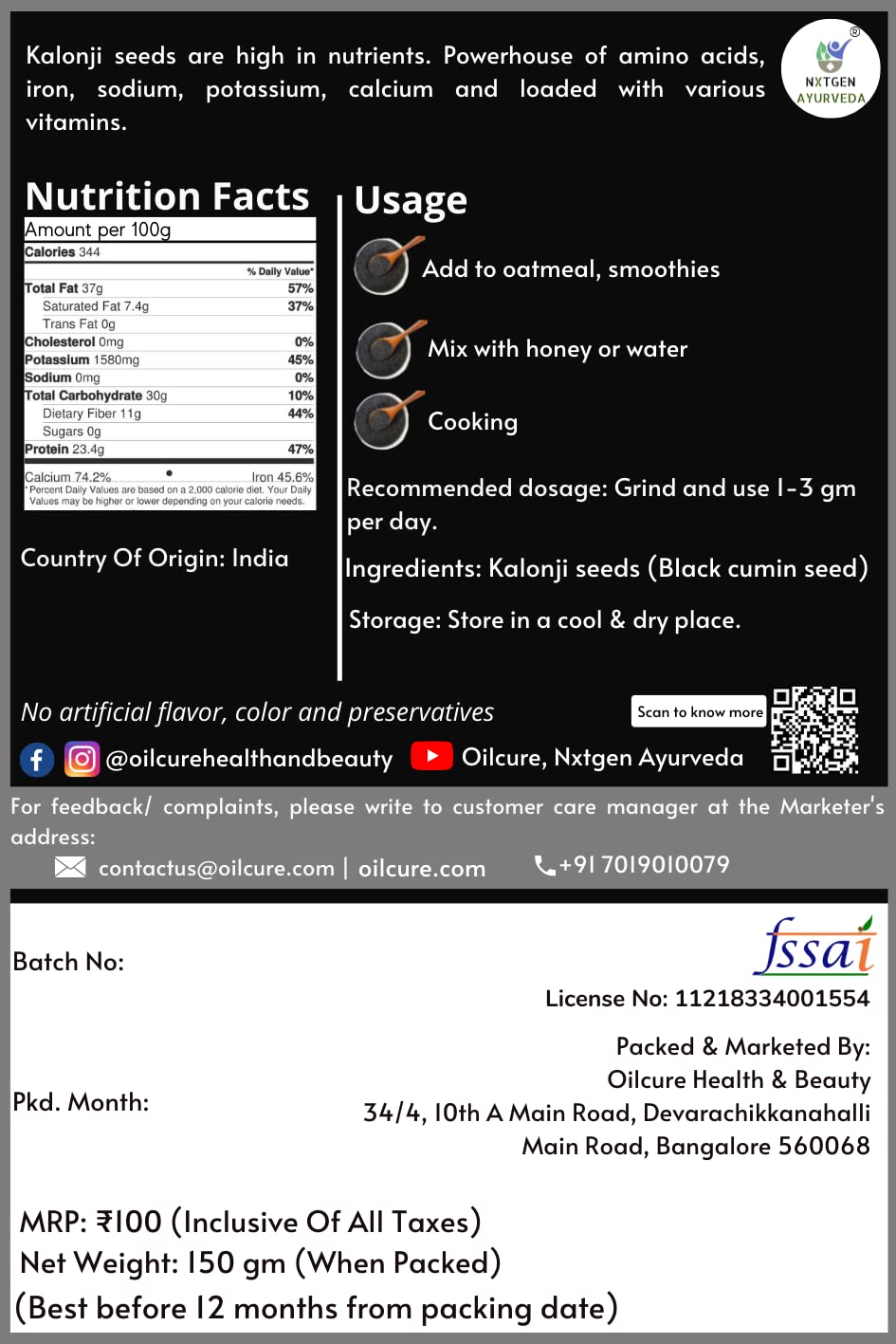 Nxtgen Ayurveda Kalonji Seeds - 150 gm