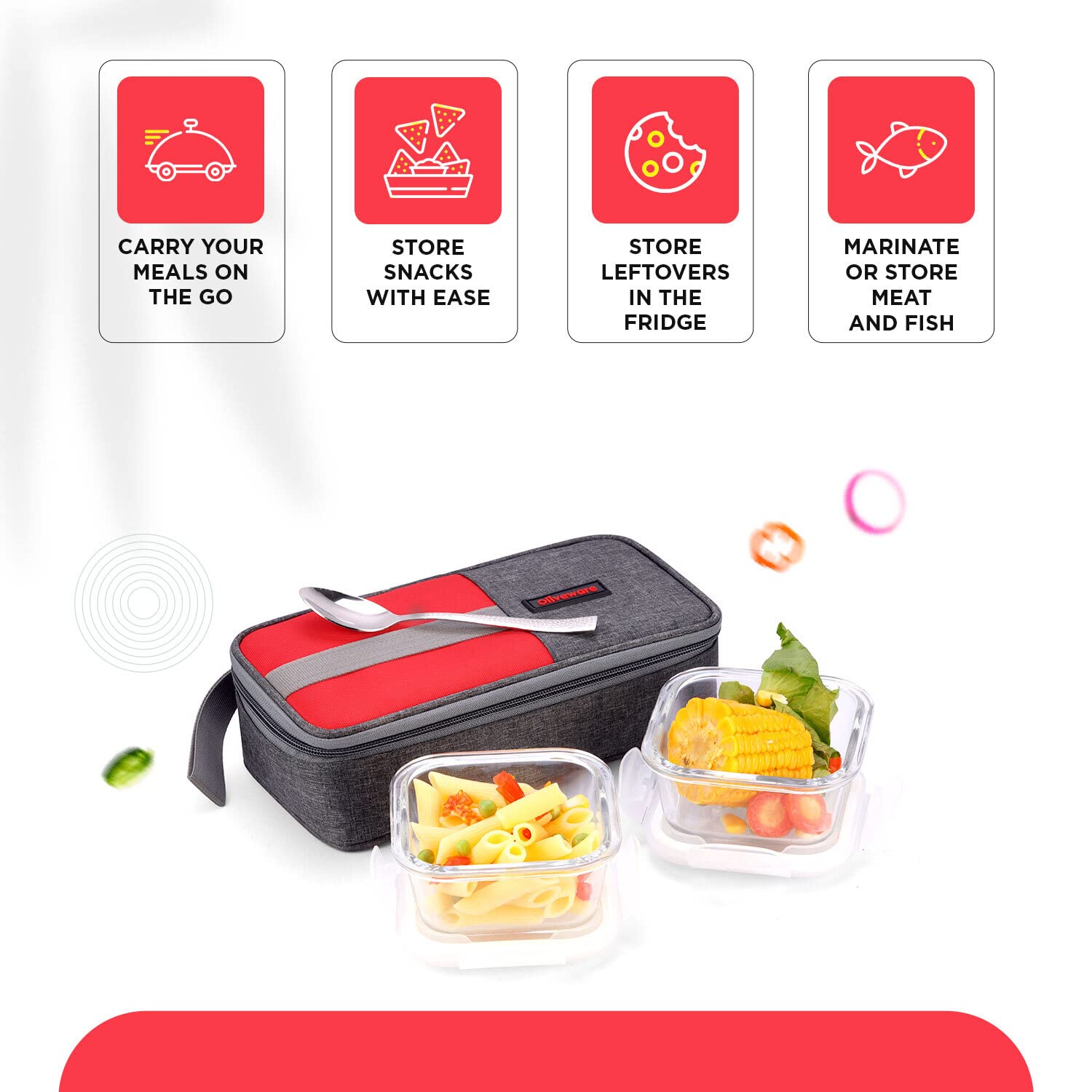 SOPL-OLIVEWARE Freshco Glassware Lunchbox, Borosilicate Glass & Microwave Proof, Safety Lock Airtight Lid, 2 Container with Steel Spoon (320ml) Each - Red