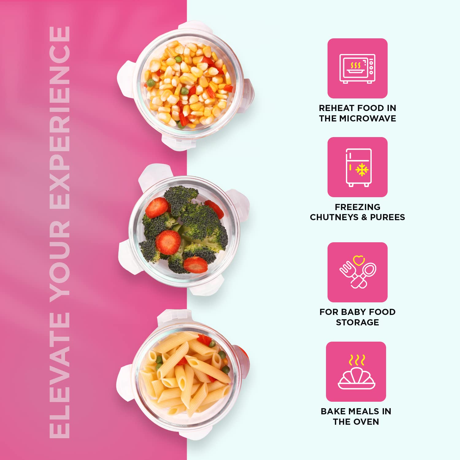 SOPL-OLIVEWARE Innox Glassware Lunchbox, Borosilicate Glass Containers, Microwave Safe & Leak Proof, 3 Containers with BPA Free Airtight Lids (400ml) Each - Pink