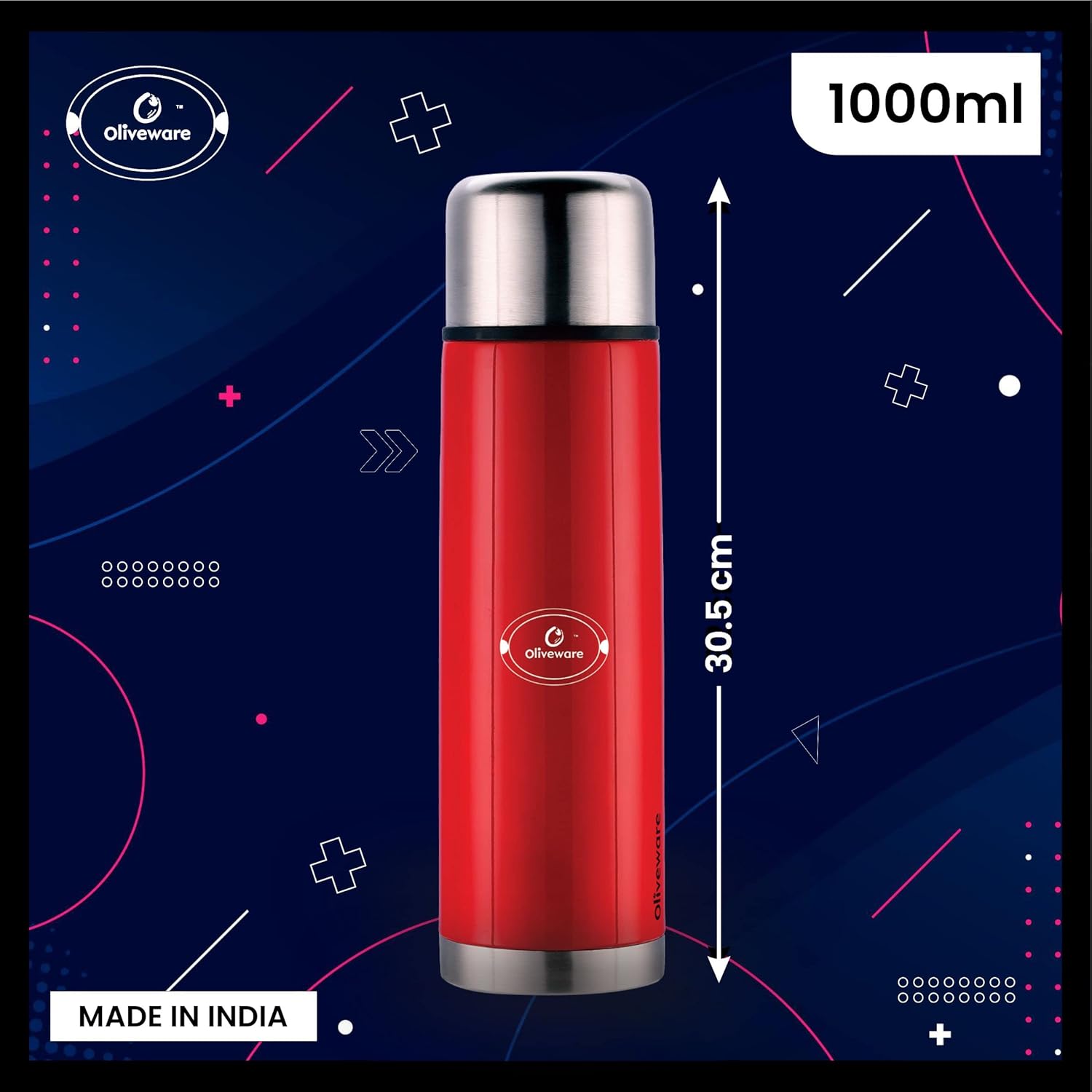 SOPL-OLIVEWARE Era Vacuum Double Wall Bottle, Stainless Steel (1000ml), Hot & Cold, Insulated Bottle, Fit for Indoor & Outdoors - Red