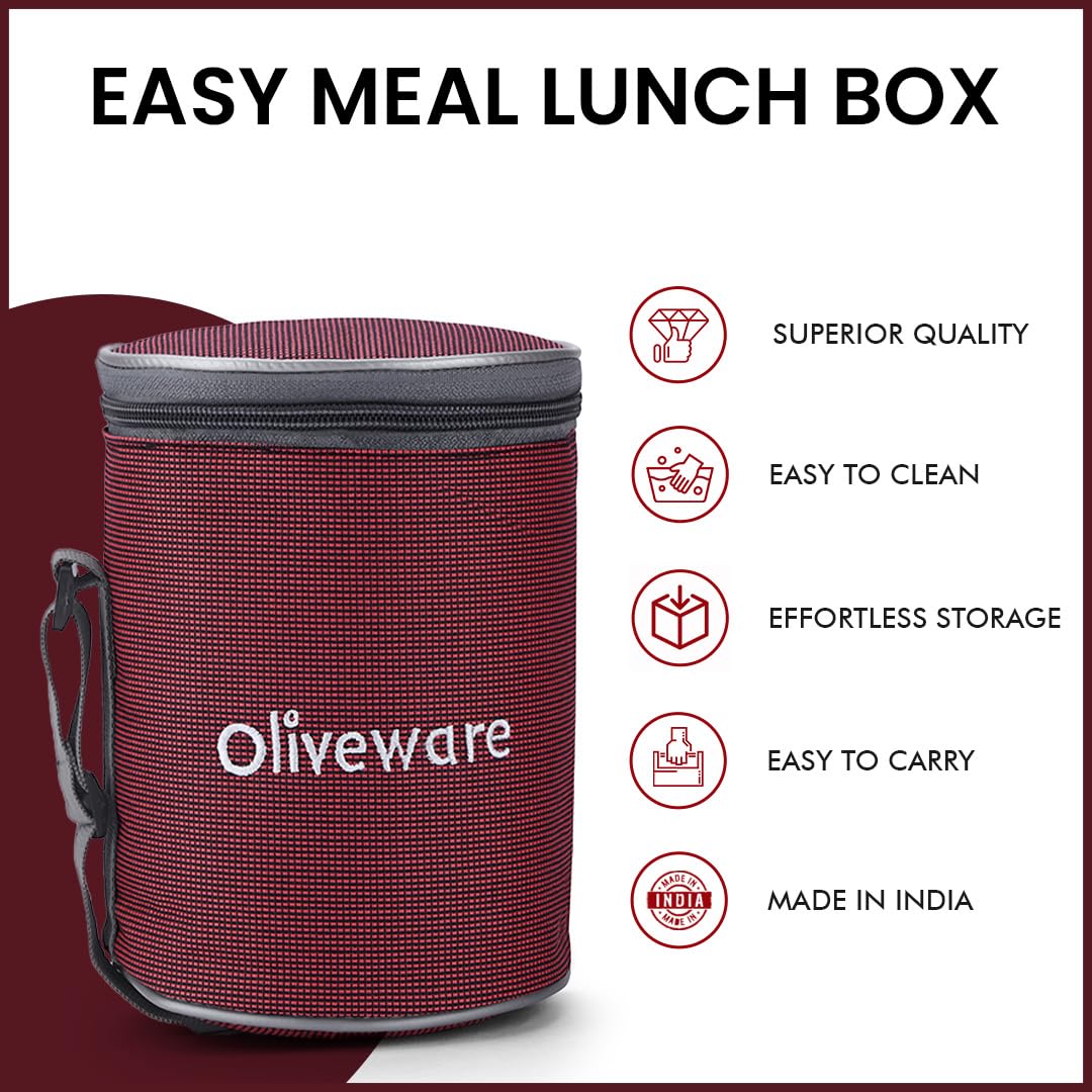 oliveware Easy Meal Plastic Lunch Box with Insulated Fabric Bag, BPA Free & Leak Proof, Set of 3 (290ml, 600ml, 600ml), Full Meal - Red