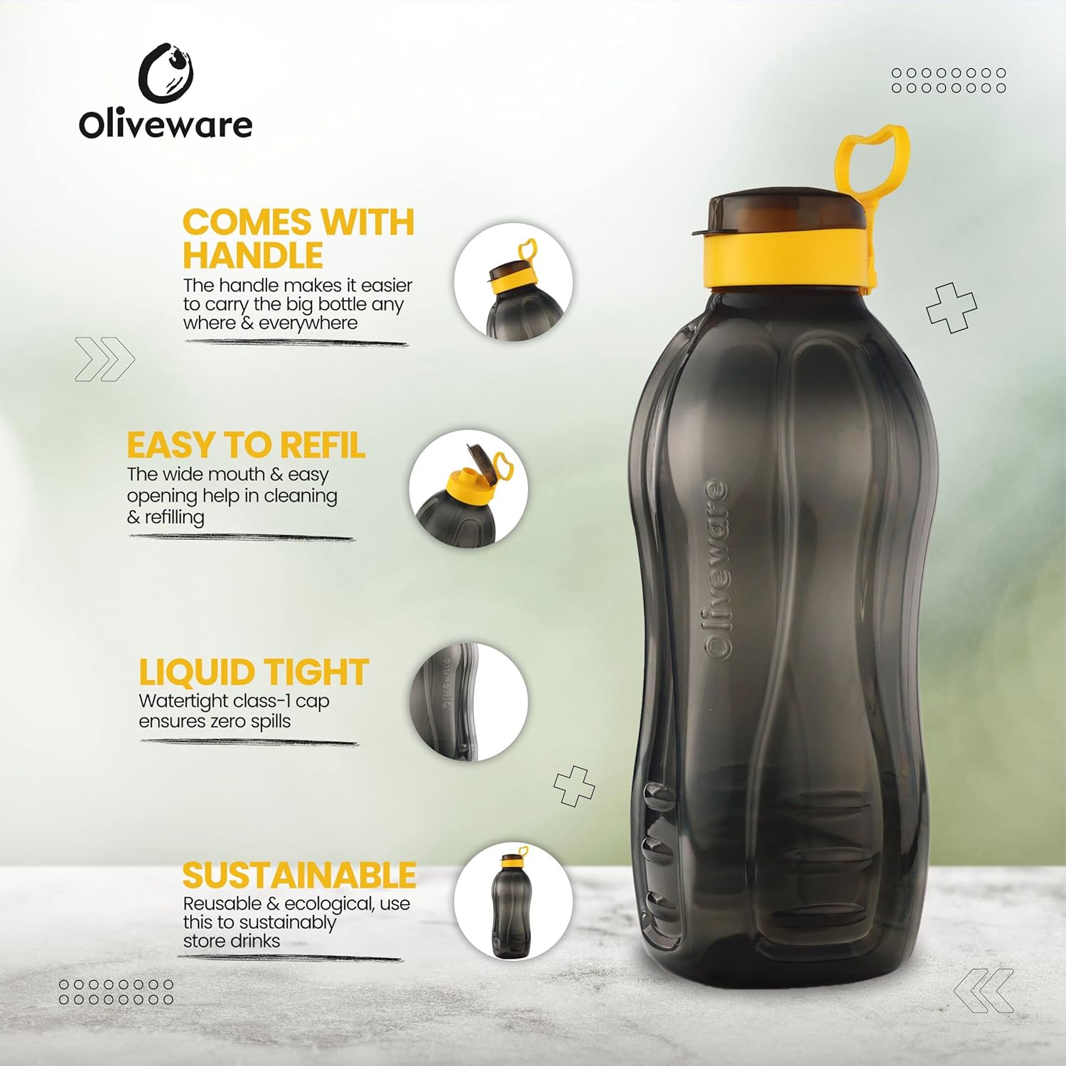 oliveware Jumbo 2 Litre Water Bottle | for Home, Office & Gym | Sturdy with Holder | 100% Leak Proof | BPA Free Premium Plastic Bottle- Pack of 1 (Black_Yellow)