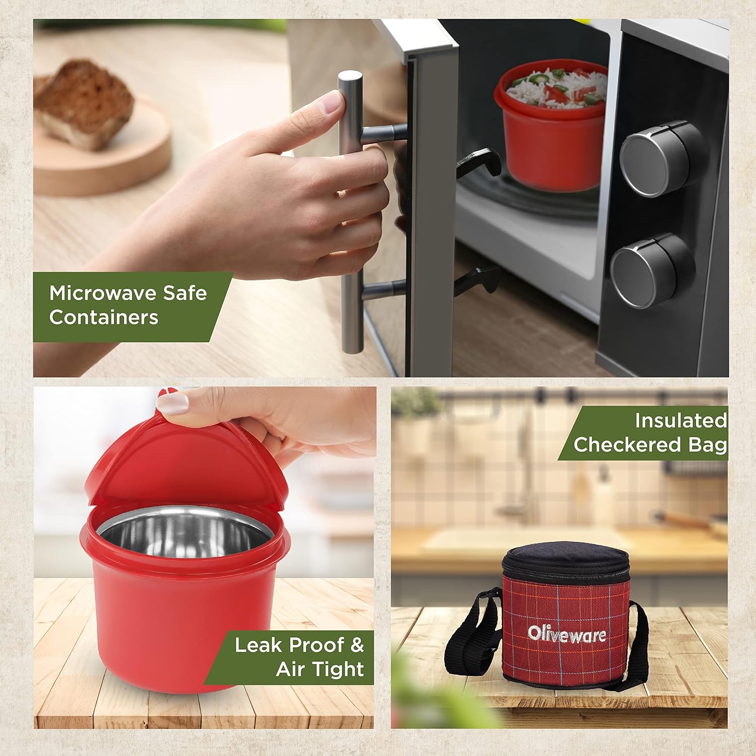 SOPL-OLIVEWARE Cleo Lunch Box, Microwave Safe & Leak Proof, 2 Inner Steel Containers with BPA Free Airtight Lids (450ml & 600ml), Fabric Bag - Red