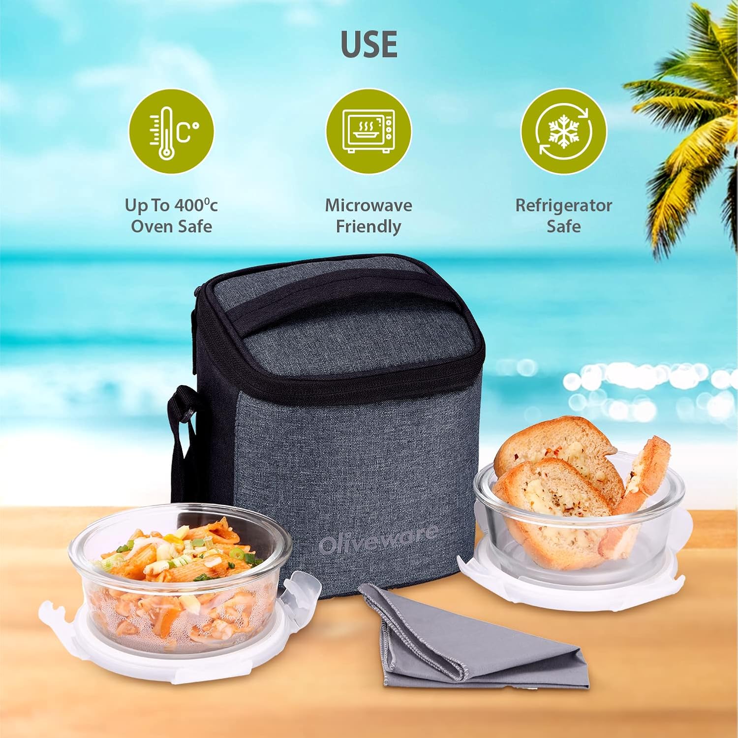 Oliveware Rio Glassware Round Lunchbox for Office | Borosilicate Glass | Microwave, Dishwasher & Freezer Safe | Set of 2 Leak Proof & Air Tight Containers | 320ml Each