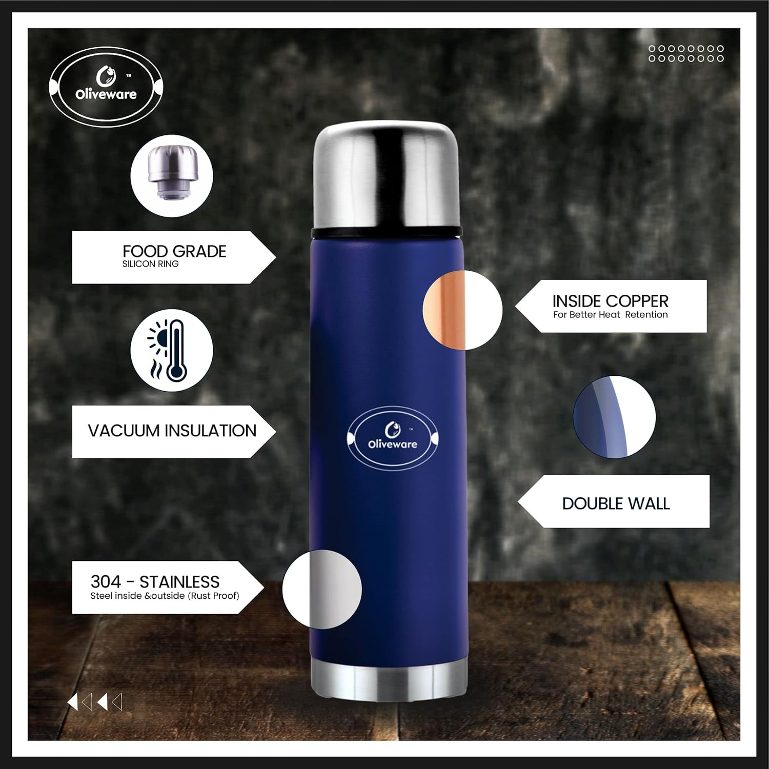 SOPL-OLIVEWARE Skyper Vacuum Bottle (500ml), Stainless Steel, Hot & Cold, Insulated Bottle, Fit for Indoor & Outdoors (Blue)