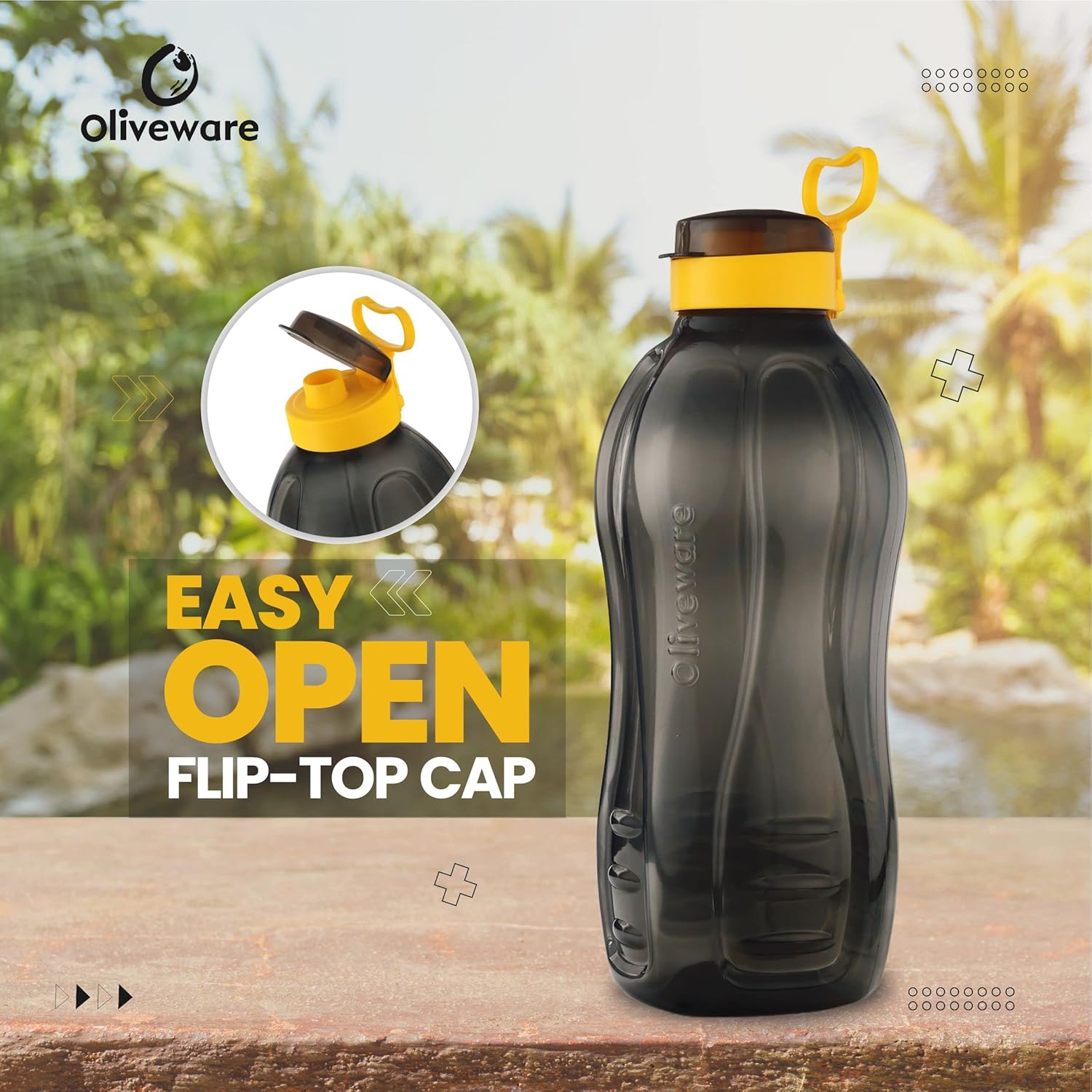 oliveware Jumbo 2 Litre Water Bottle | for Home, Office & Gym | Sturdy with Holder | 100% Leak Proof | BPA Free Premium Plastic Bottle- Pack of 1 (Black_Yellow)
