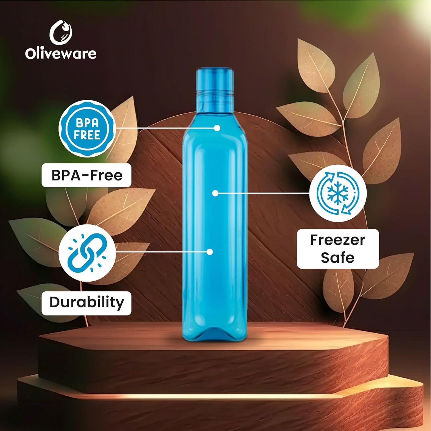 oliveware Premium Plastic Water Bottle, 1L, Set of 6, Blue