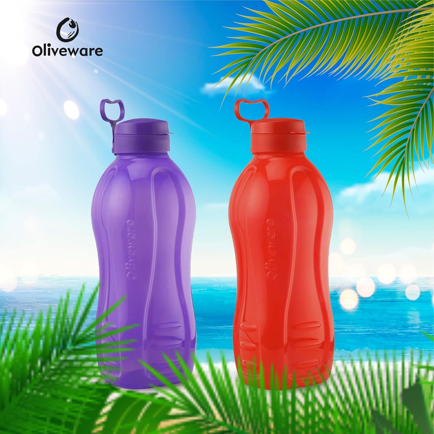 oliveware Jumbo 2 Litre Water Bottle, 100% Leak Proof, BPA Free Premium Plastic Bottle, for Home, Office & Gym, Sturdy with Holder, Pack of 2 (Red & Purple)