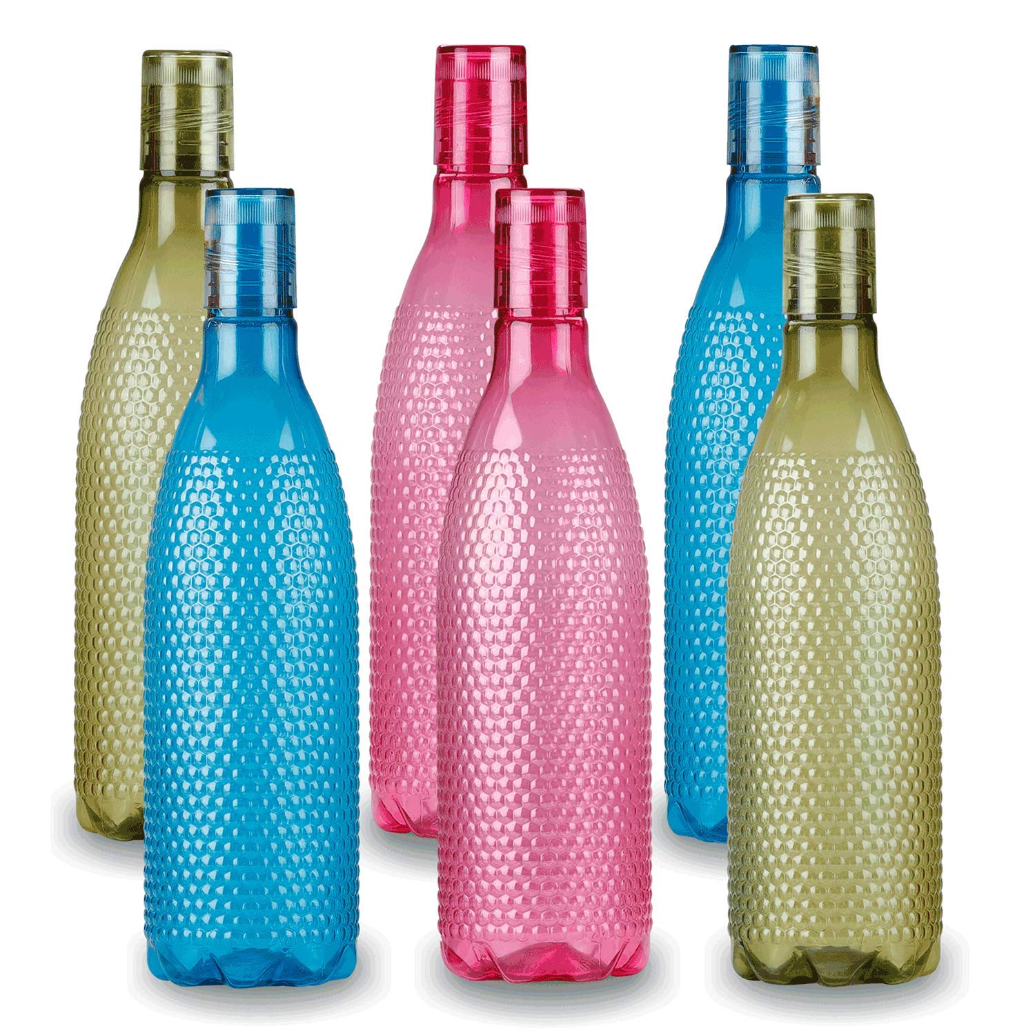 oliveware Honeycomb Design Premium PET Water Bottle With Better Grip, BPA Free & 100% Leak Proof, 1 Litre Bottle, For Home & Office Use, Pack of 6 - Multi