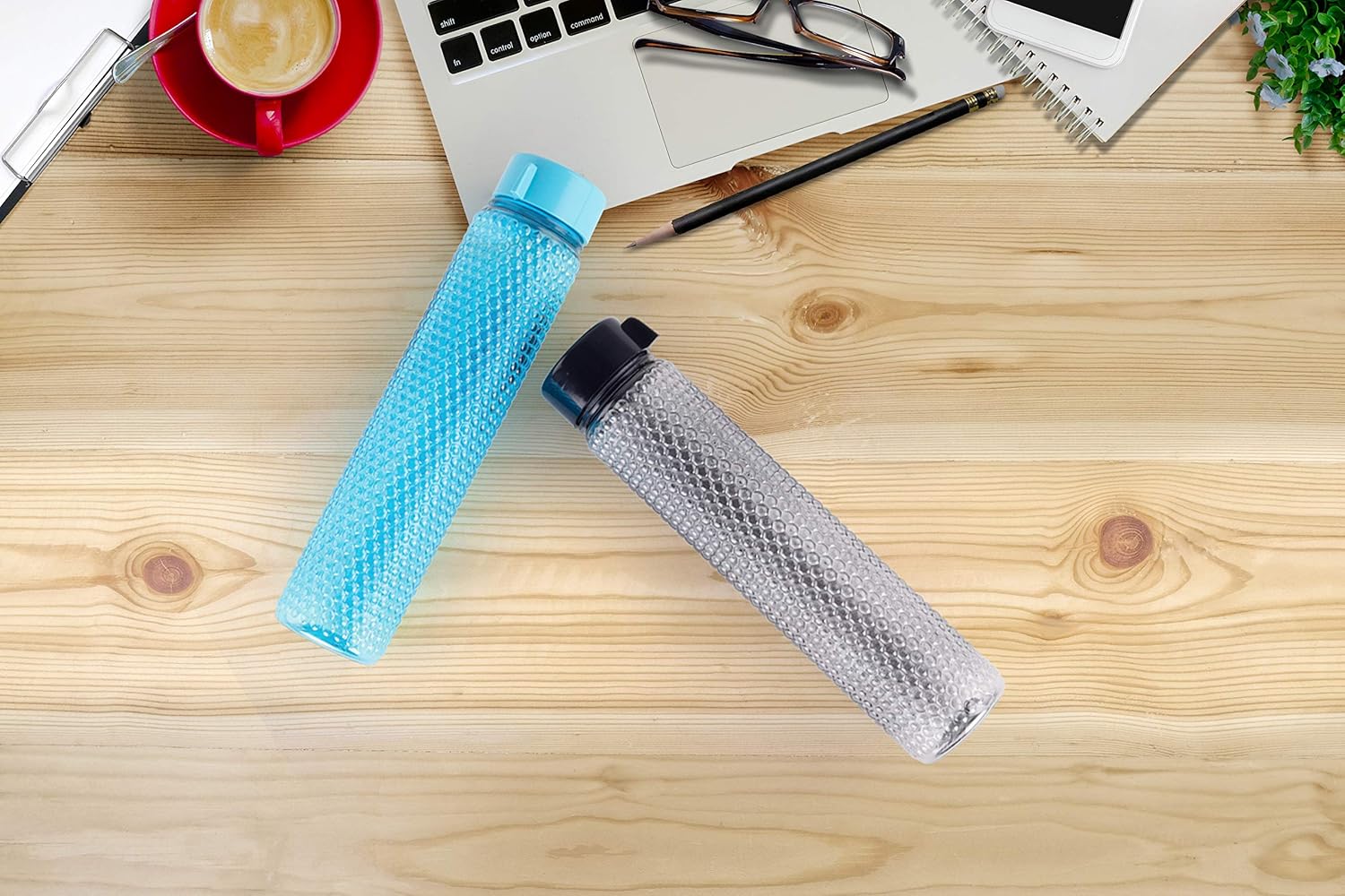 oliveware Premium RIDGED Range Plastic Water Bottle, 400ml, Set of 3, Blue