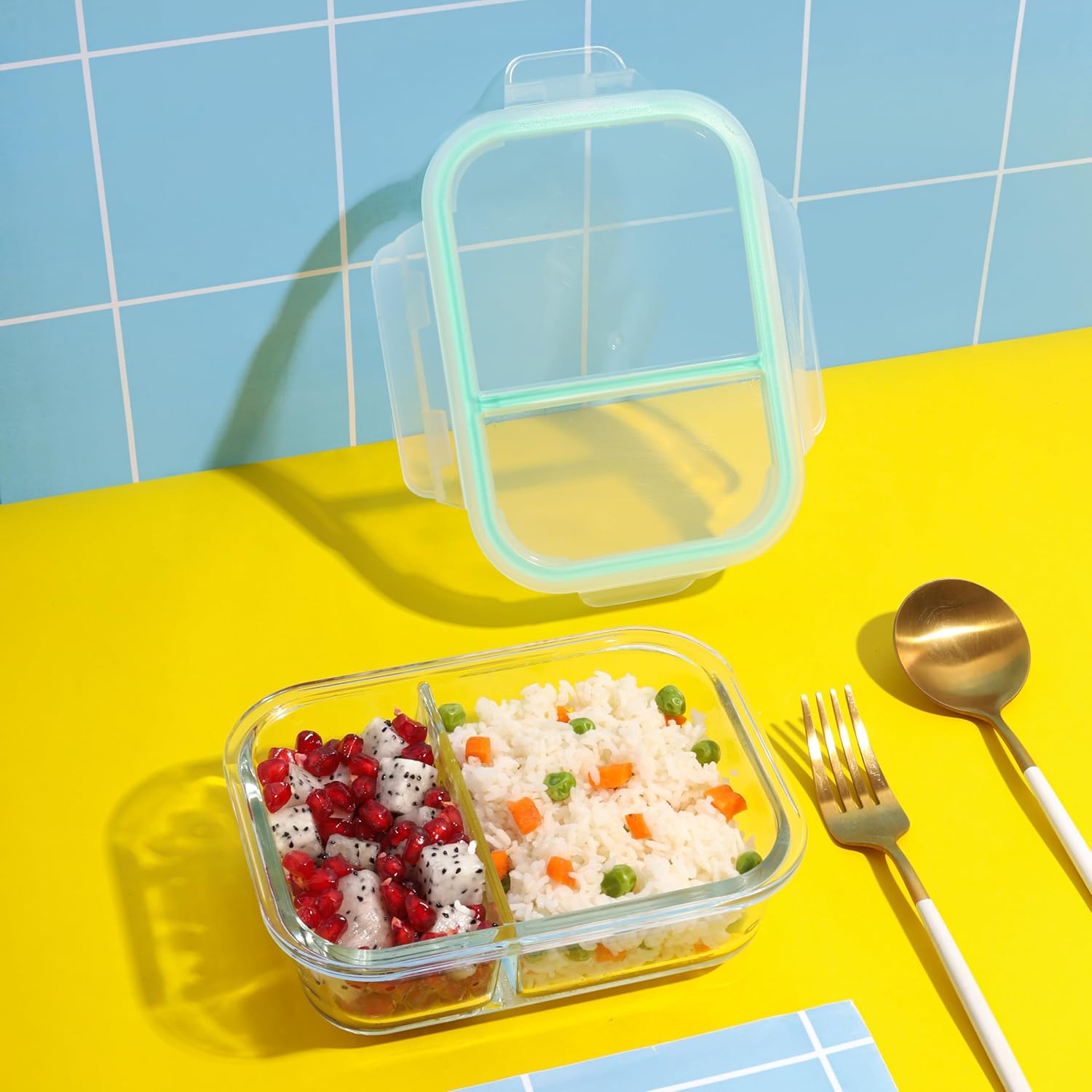 Oliveware Elite Microwave Safe Office Two Compartment Lunch Box Set | Borosilicate Glass | Safety Lock Airtight Tiffin Containers (600ml)