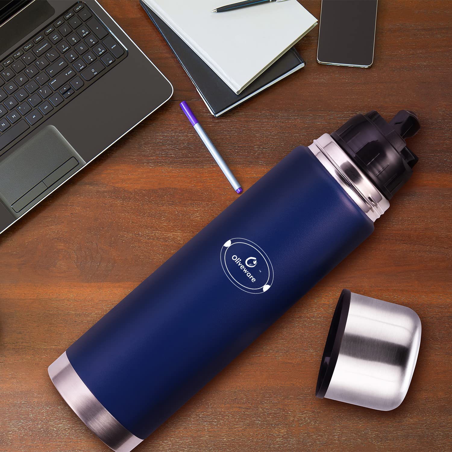 SOPL-OLIVEWARE Haze Vacuum Double Wall Bottle, Stainless Steel (750ml), Hot & Cold, Insulated Bottle, Fit for Indoor & Outdoors - Matt Blue