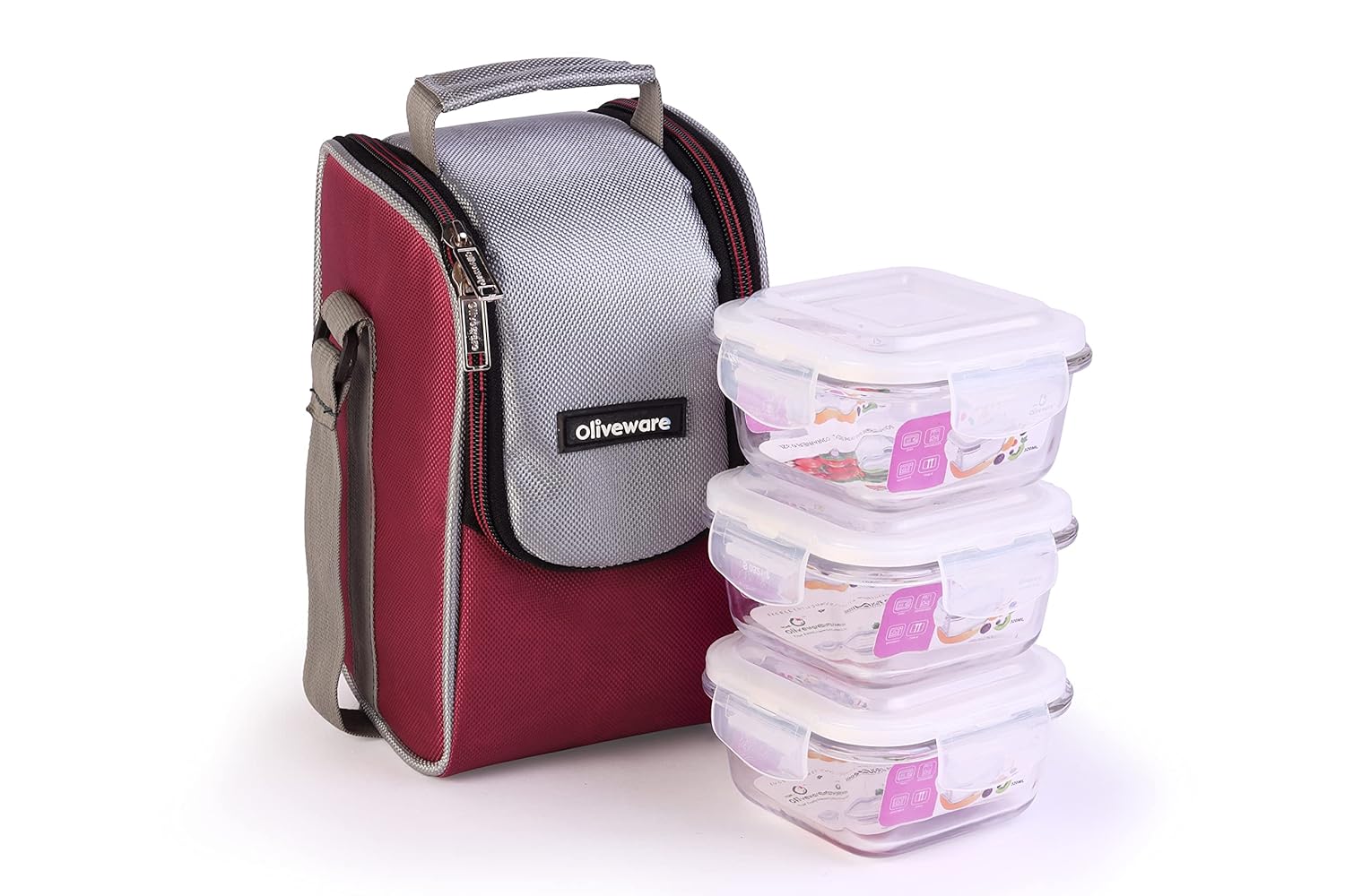 SOPL-OLIVEWARE Duke Glassware Lunchbox, Borosilicate Glass & Microwave Proof, Safety Lock Airtight Lid, 3 Container with 320ml Each - Red