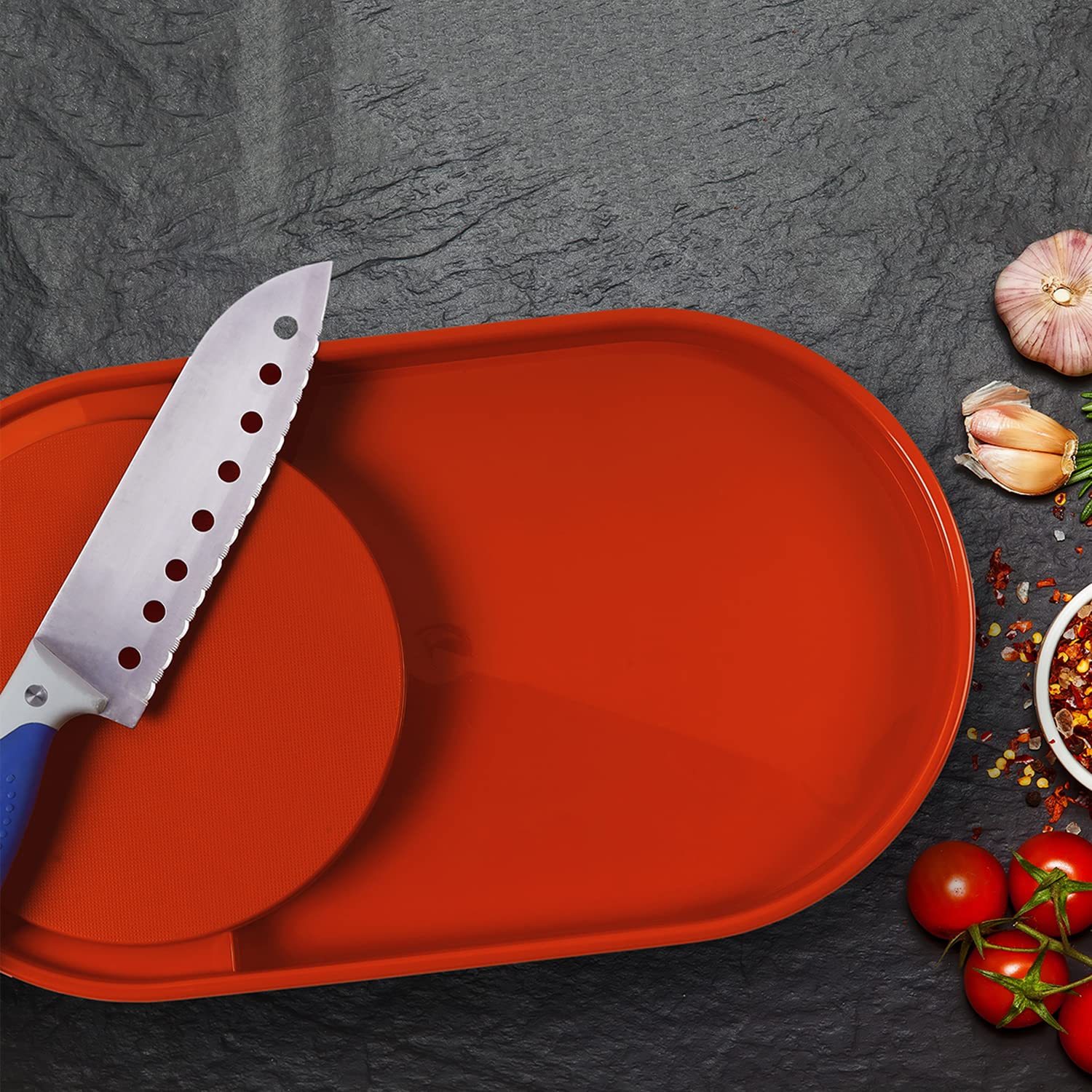 Oliveware Clap Chopping Board with Tray, BPA Free, for Meats, Salads & Fruits, Easy to Use & Clean - (Red)