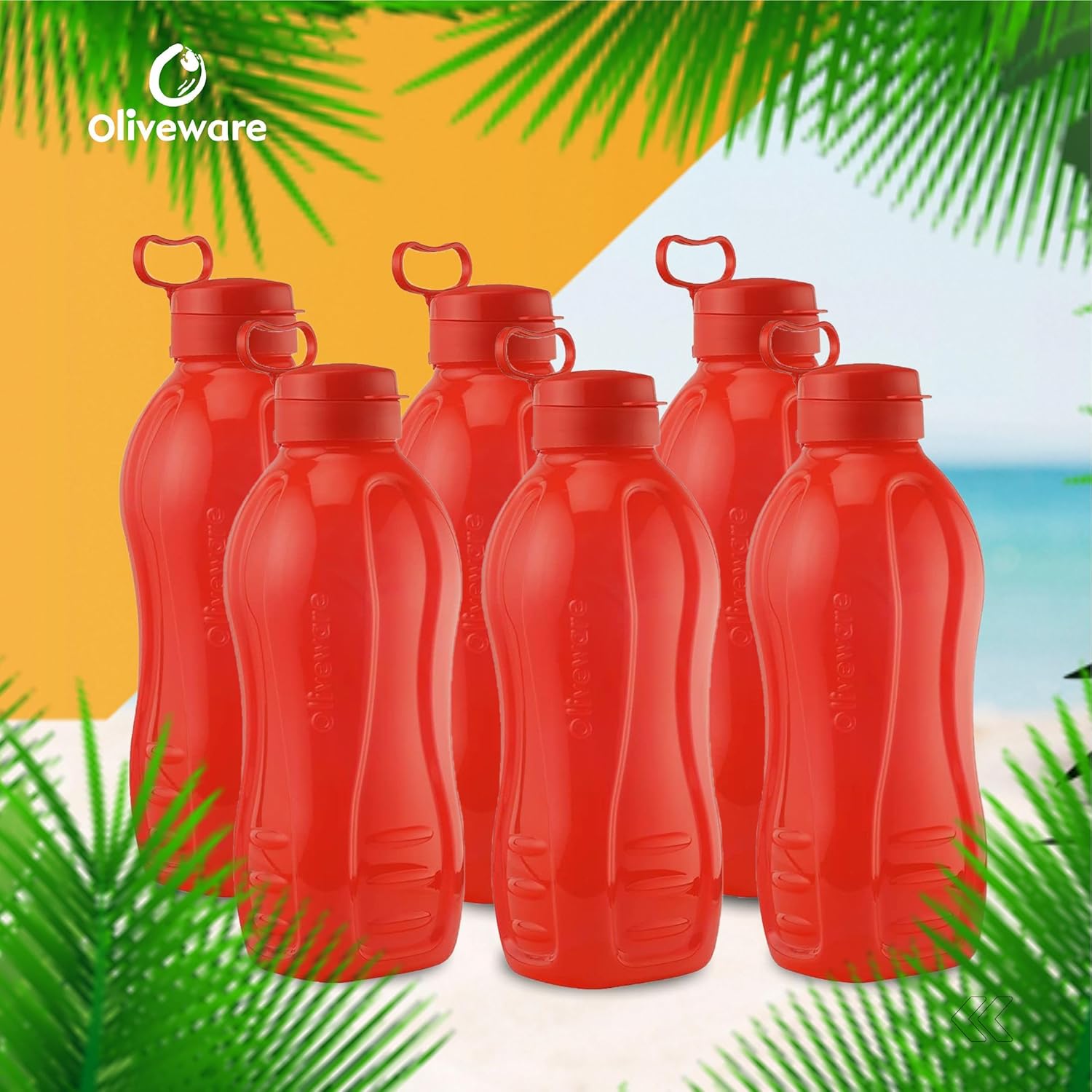 oliveware Jumbo 2 Litre Water Bottle, 100% Leak Proof, BPA Free Premium Plastic Bottle, for Home, Office & Gym, Sturdy with Holder, Pack of 6 (Red)