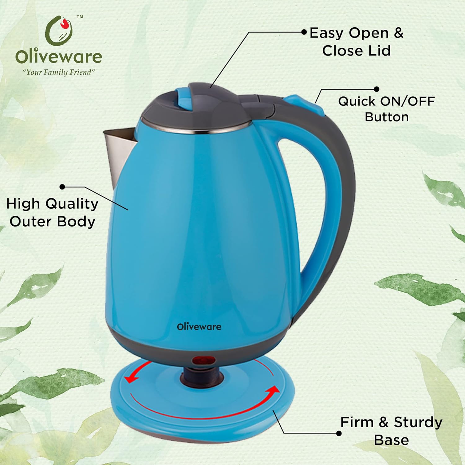 Elegant Electric Kettle by Oliveware, 1.8 litre, 360 degree Rotation, Heat Protection Handle, Automatic Power off - (Blue, 1800 ml)