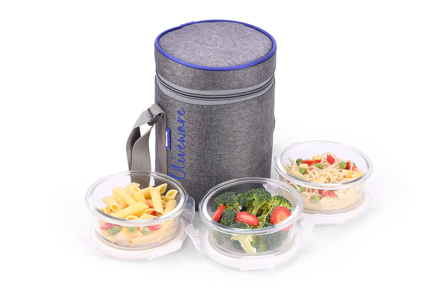 SOPL-OLIVEWARE Innox Glassware Lunchbox, Borosilicate Glass Containers, Microwave Safe & Leak Proof, 3 Containers with BPA Free Airtight Lid (400ml) Each - Blue