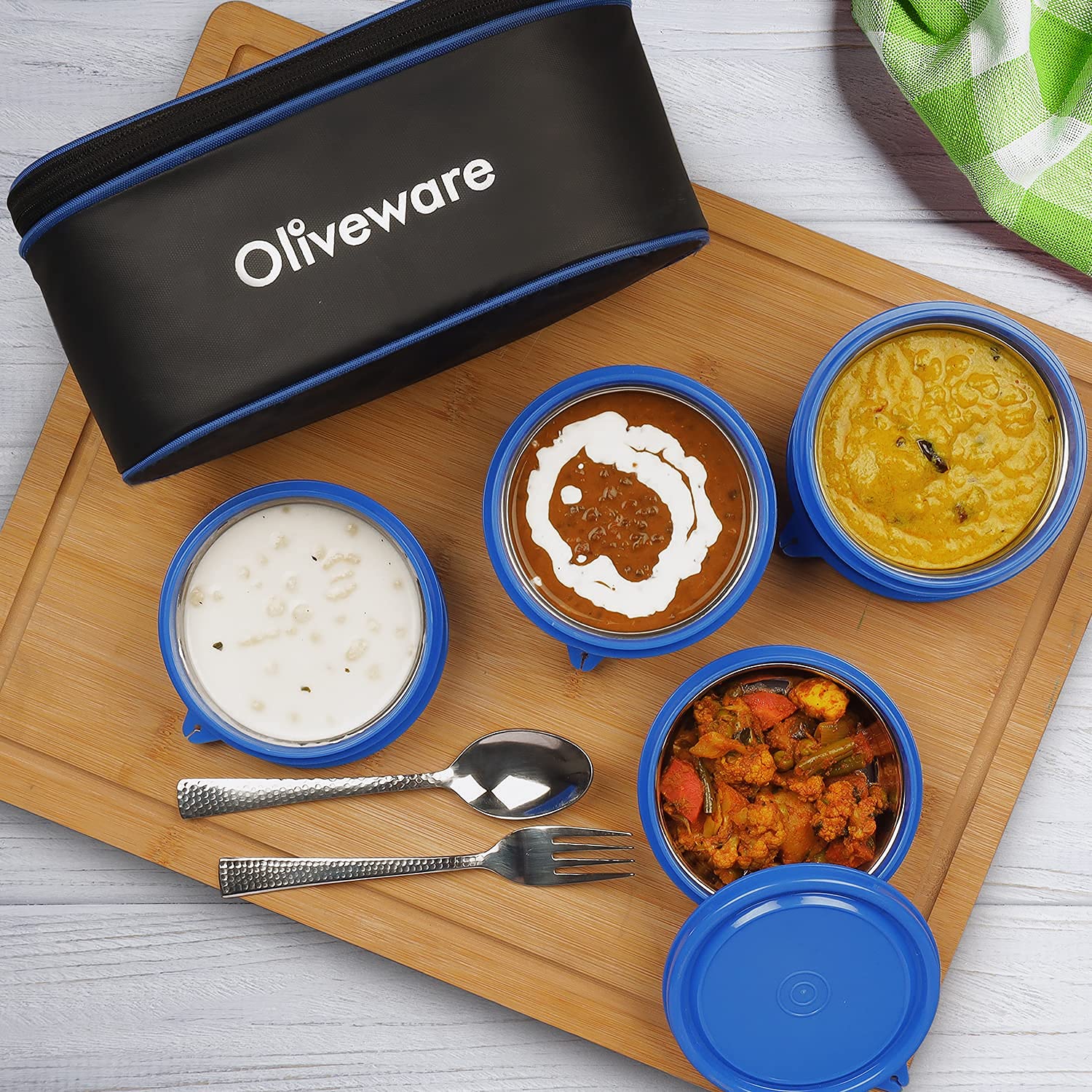 SOPL-OLIVEWARE Valley Lunch Box, Steel Spoon & Fork, Microwave Safe, 4 Inner Steel Container with BPA Free Lid (2 * 290ml & 2 * 450ml), Fabric Bag - Red