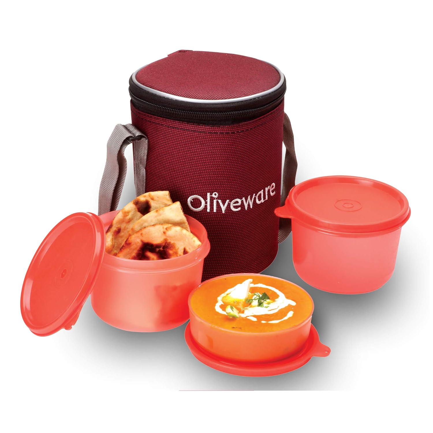 oliveware Easy Meal Plastic Lunch Box with Insulated Fabric Bag, BPA Free & Leak Proof, Set of 3 (290ml, 600ml, 600ml), Full Meal - Red