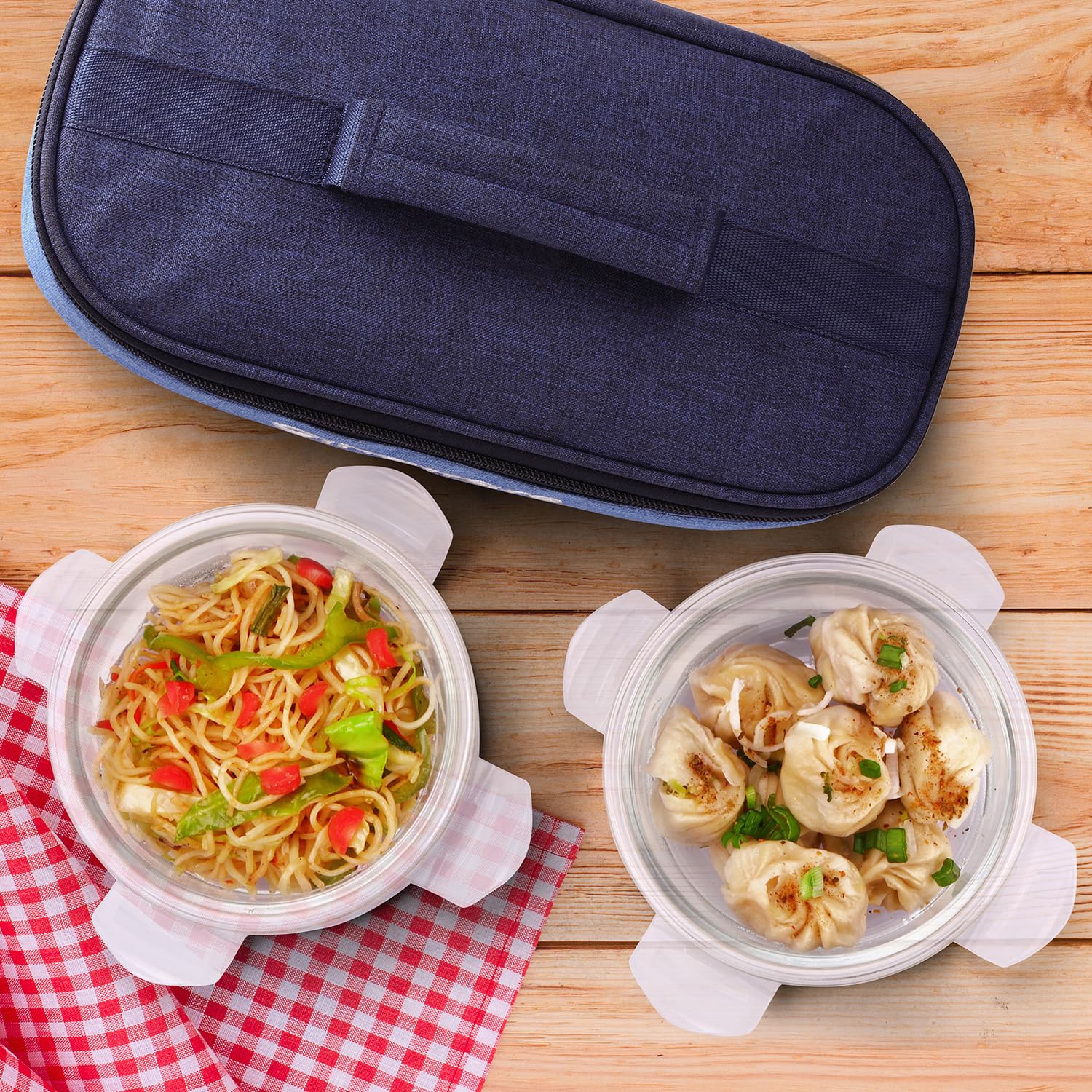 SOPL-OLIVEWARE Delta Glassware Round Lunchbox with Napkin & Steel Cutlery, Borosilicate Glass Container, Microwave Proof, Set of 2 (400ml Each) - Blue