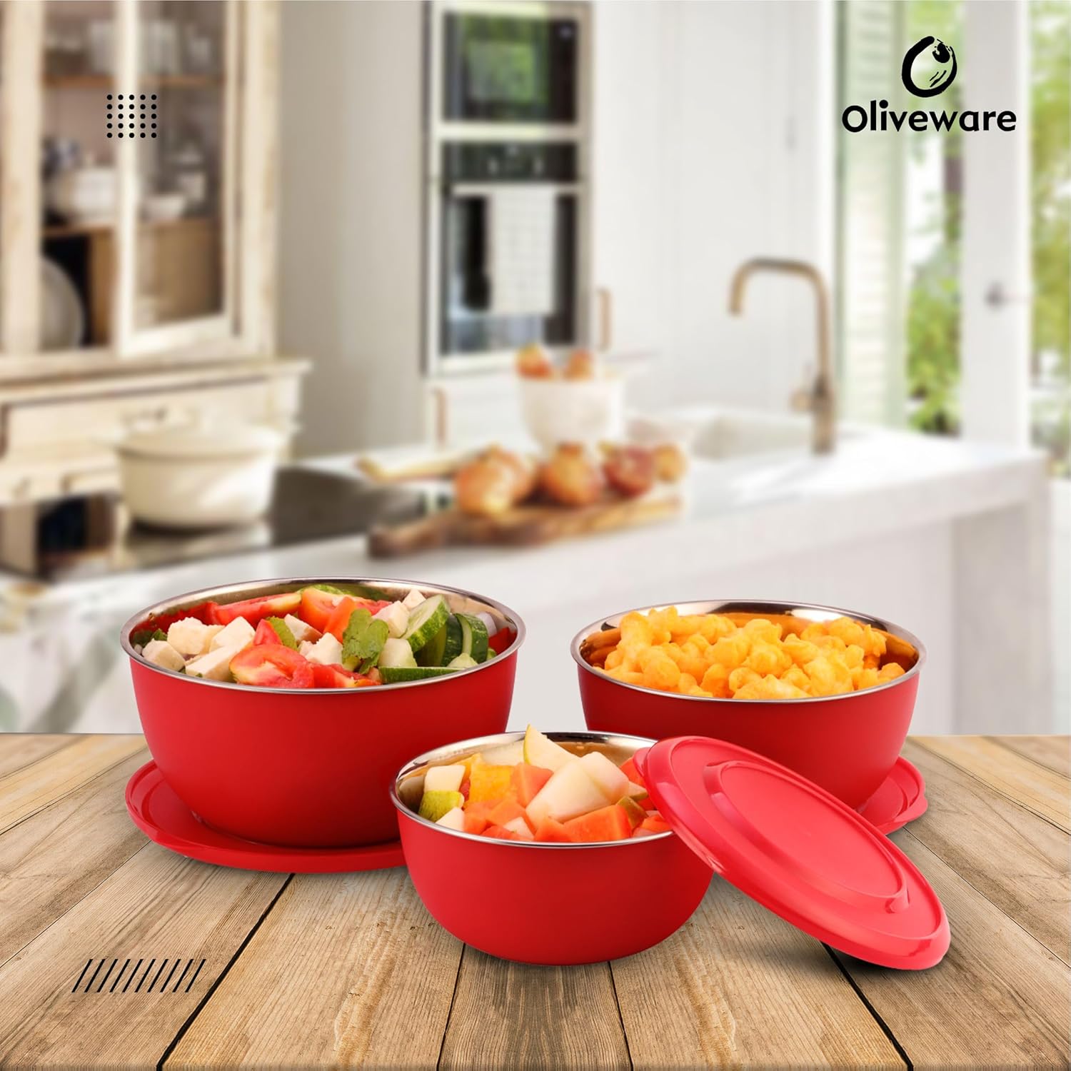 SOPL-OLIVEWARE Tulip Storage Containers, Microwave Safe & Leak Proof, Store & Serve, 3 Stainless Steel Containers with BPA Free Airtight Lid (500ml, 800ml & 1250) - Red