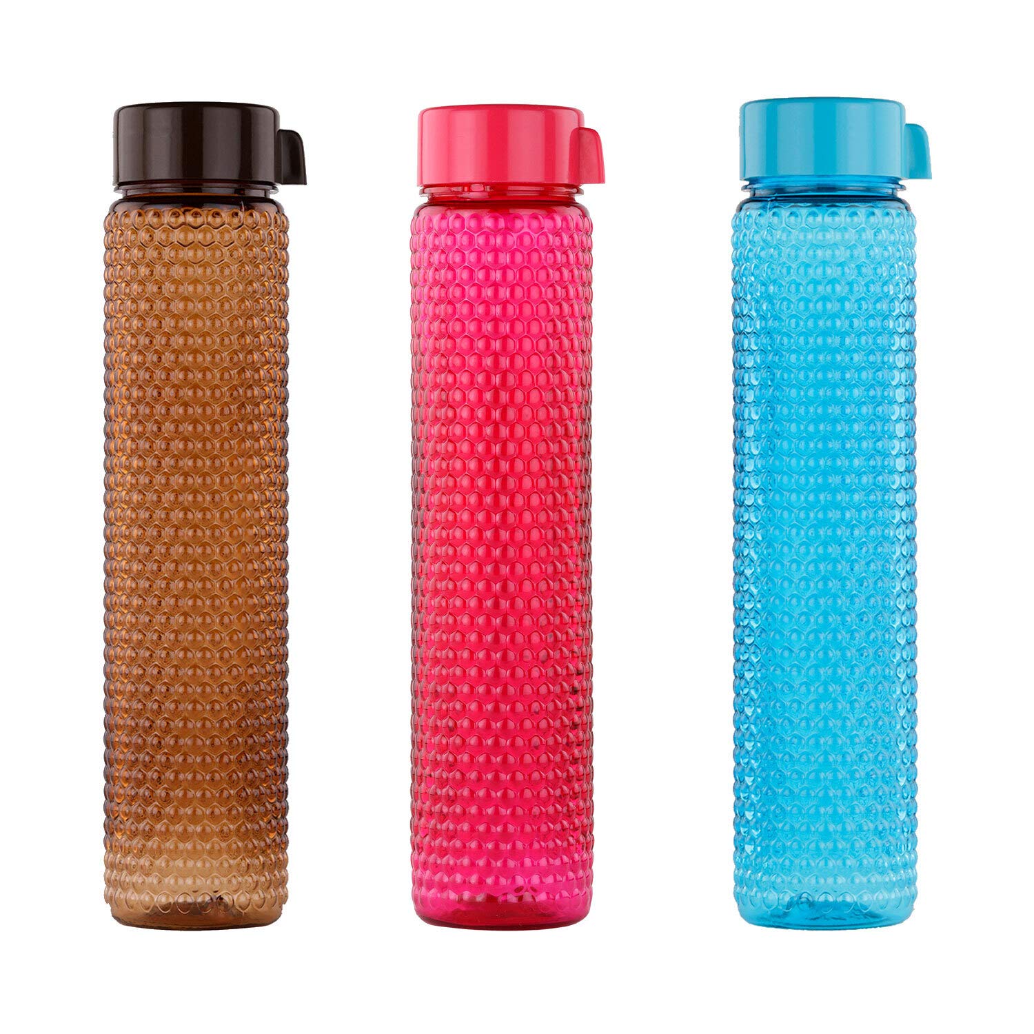 Oliveware Honey Comb Premium PET Water Bottle, Better Grip, 400 ml Capacity, BPA Free & Leak Proof, for Home & Office Use, Set of 3 (Multi)