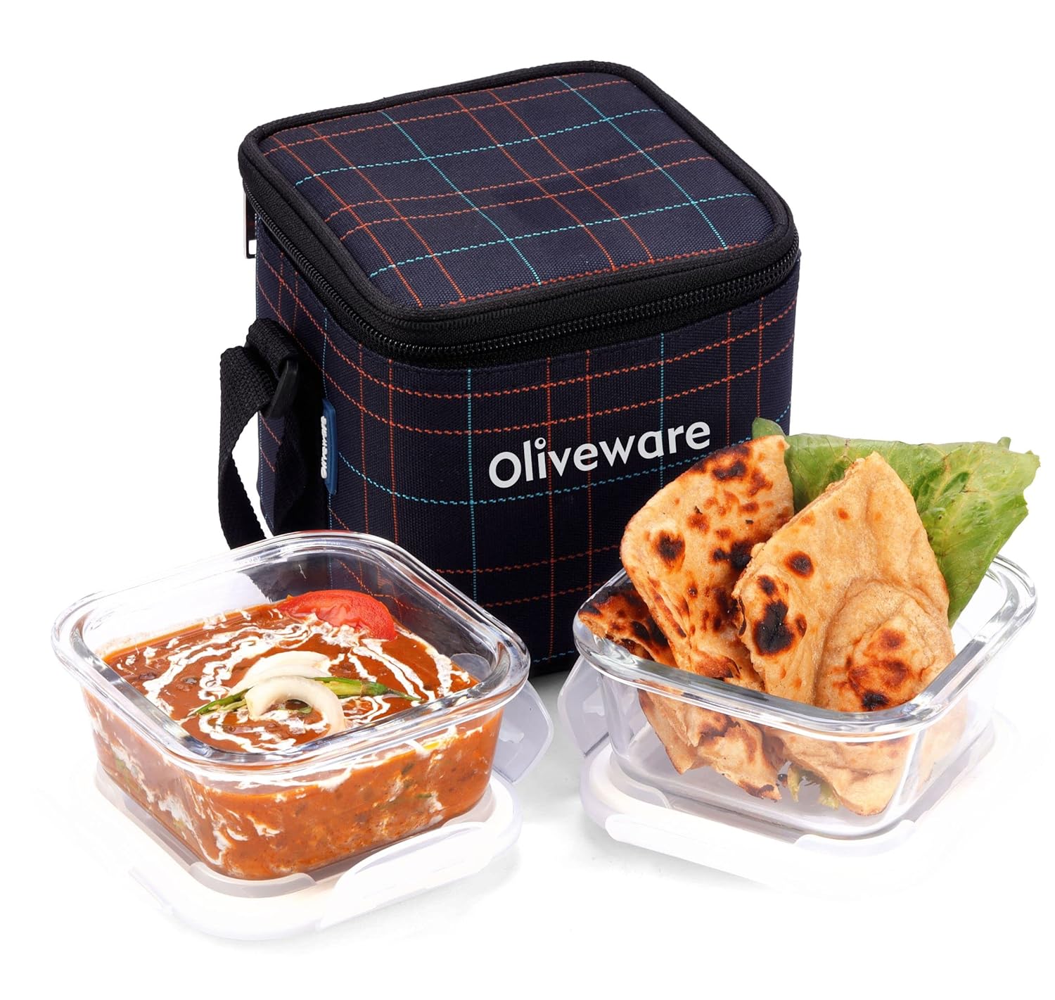 SOPL-OLIVEWARE Feast Glassware Square Lunchbox, Borosilicate Glass Containers, Microwave Safe & Leak Proof, 2 Containers with BPA Free Lids (320ml) Each - Blue