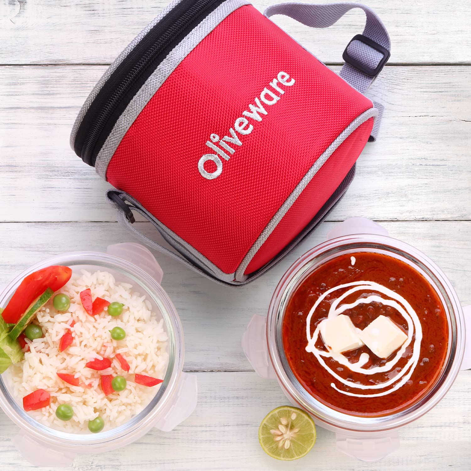 SOPL-OLIVEWARE Bold Glassware Lunchbox, Borosilicate Glass Containers, Microwave Safe & Leak Proof, Set of 2 with BPA Free Lid (400ml) Each - Red