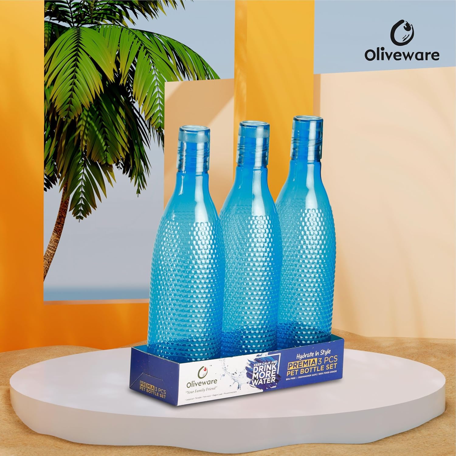 oliveware Honeycomb Design Premium PET Water Bottle With Better Grip, BPA Free & 100% Leak Proof, 1 Litre Bottle, For Home & Office Use, Pack of 6 - Multi