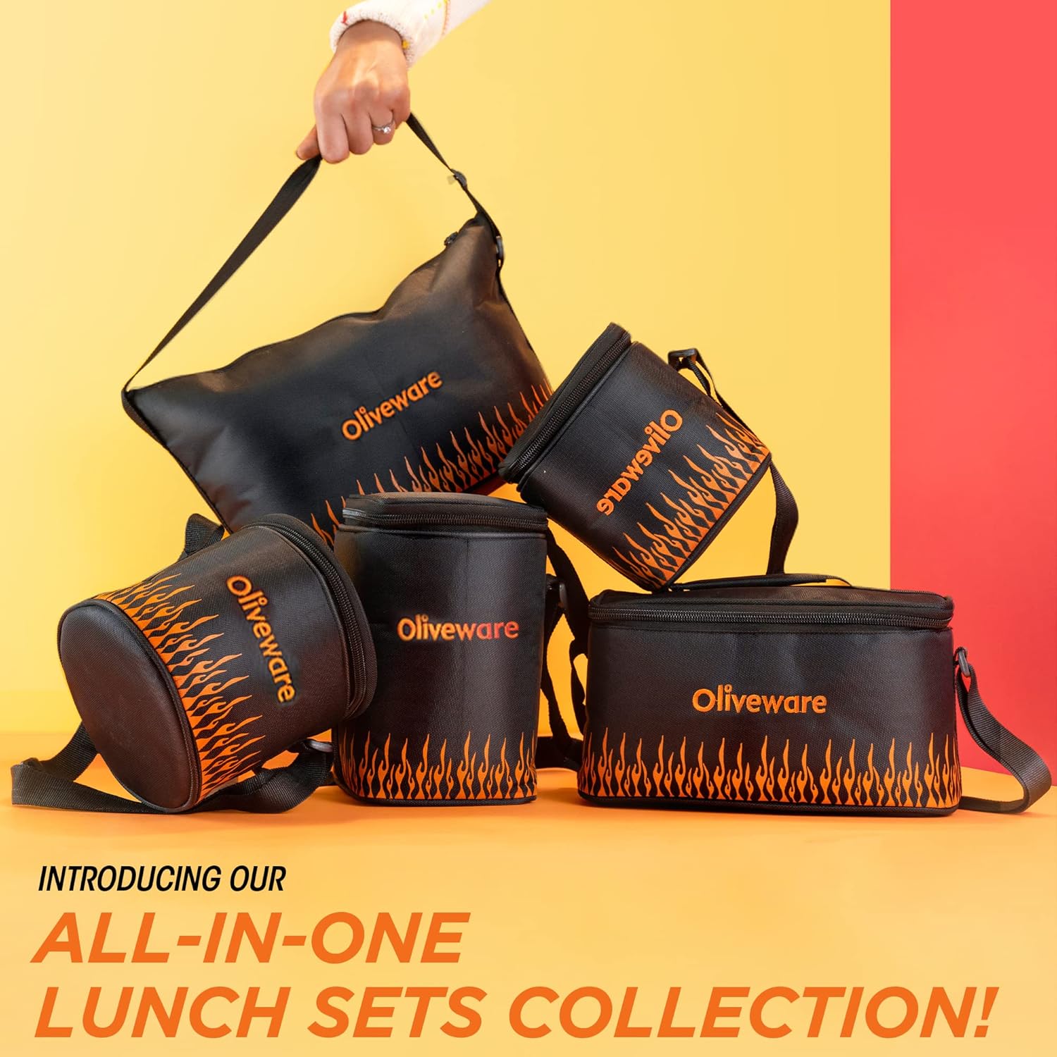 SOPL-OLIVEWARE Blaze Glassware Lunchbox with Napkin, Borosilicate Glass & Microwave Proof, Safety Lock Airtight Square Tiffin Storage, 2 Container in 320 ml Each - Black_Orange