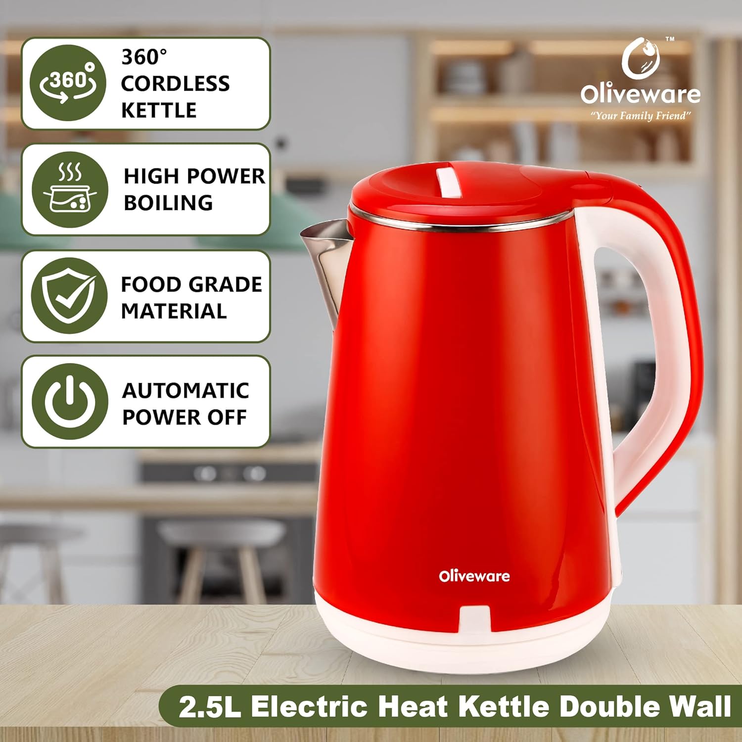 SOPL-OLIVEWARE King Electric Kettle, Stainless Steel with 2.5 Liter Capacity, 360 Degree Rotation, Heat Protection Handle, Automatic Power off, BPA Free - Red