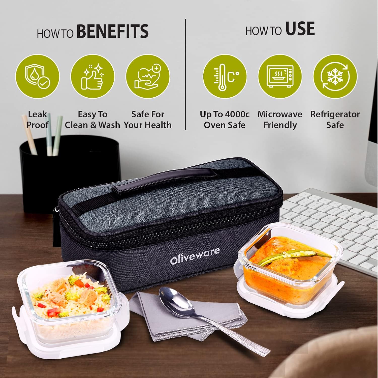 SOPL-OLIVEWARE Prism Borosilicate Glassware Square Lunchbox, Microwave Proof, Napkin & Steel Spoon, Set of 2 with 320ml Each - Grey