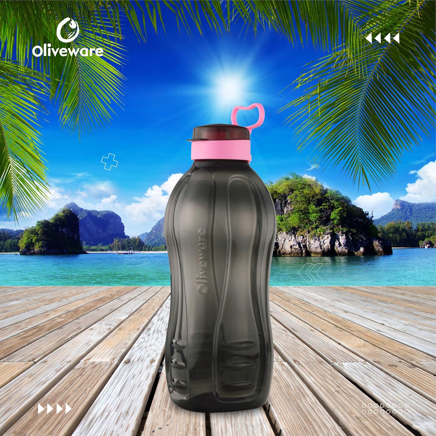 oliveware Jumbo 2 Litre Water Bottle | for Home, Office & Gym | Sturdy with Holder | 100% Leak Proof | BPA Free Premium Plastic Bottle- Pack of 1(Black_Pink)
