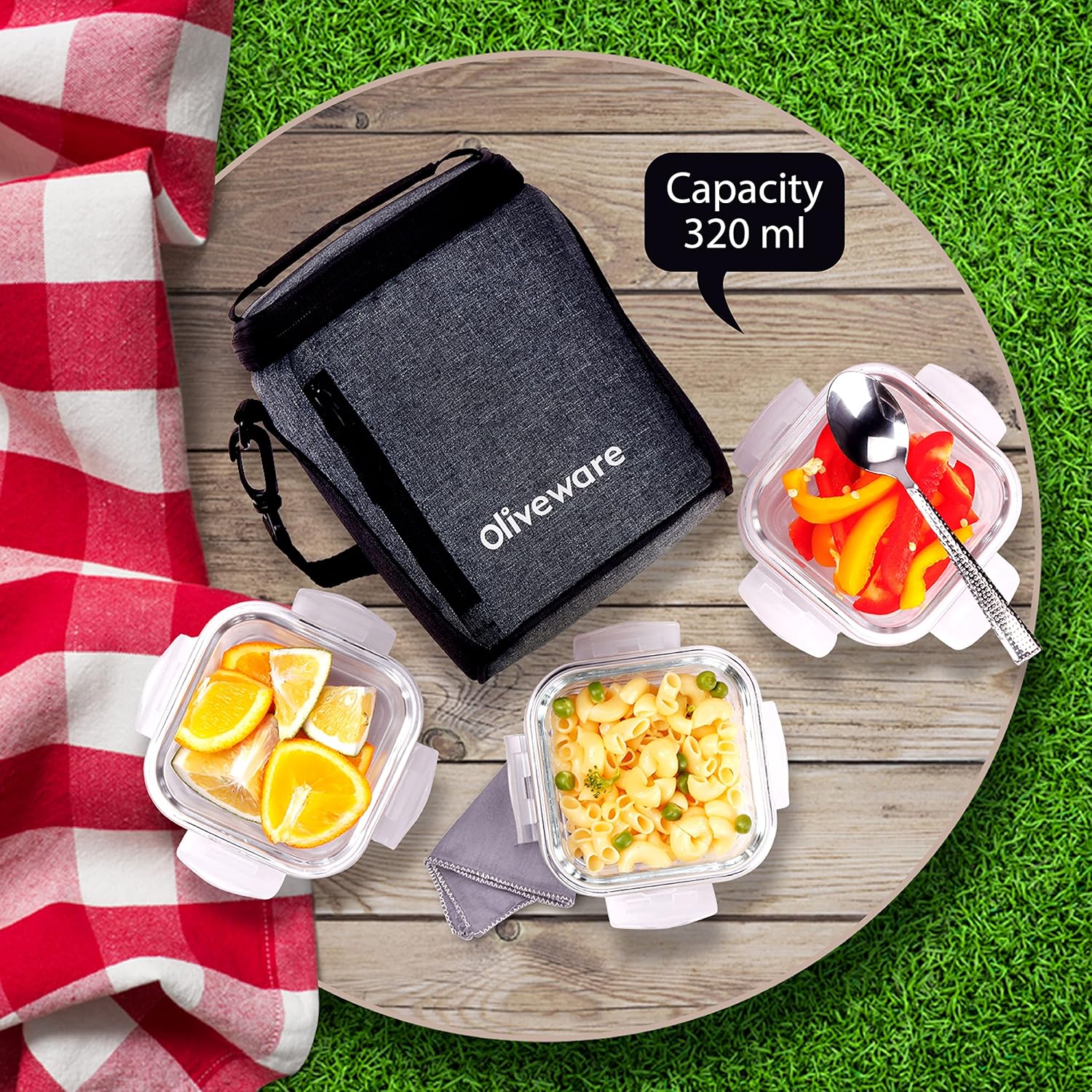 SOPL-OLIVEWARE Ivy Borosilicate Glassware Square Lunchbox, Napkin & Steel Spoon, Microwave Proof, 3 Cointainer with 320ml Each - Grey