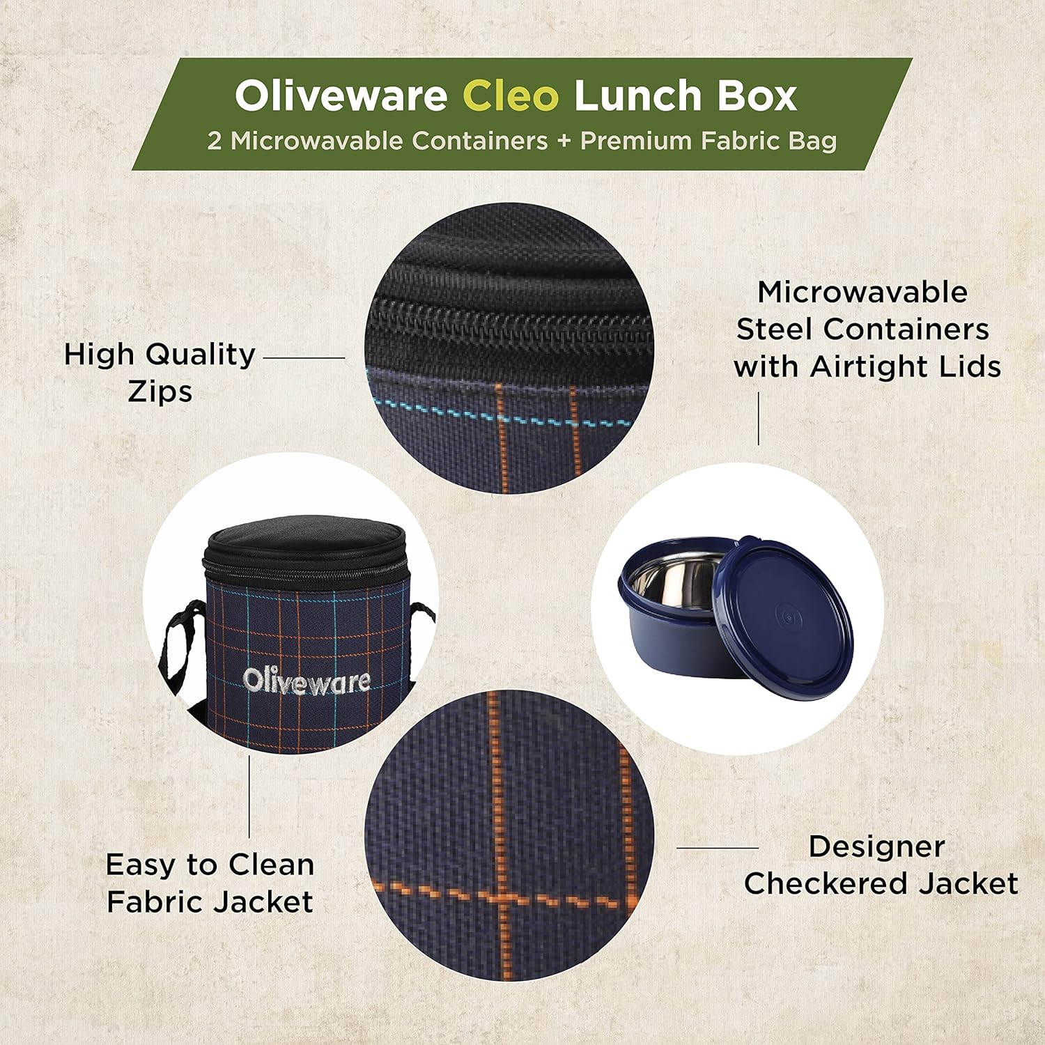 SOPL-OLIVEWARE Cleo Lunch Box, Microwave Safe & Leak Proof, 2 Inside Steel Containers with BPA Free Airtight Lids (450ml & 600ml), with Fabric Bag - Blue