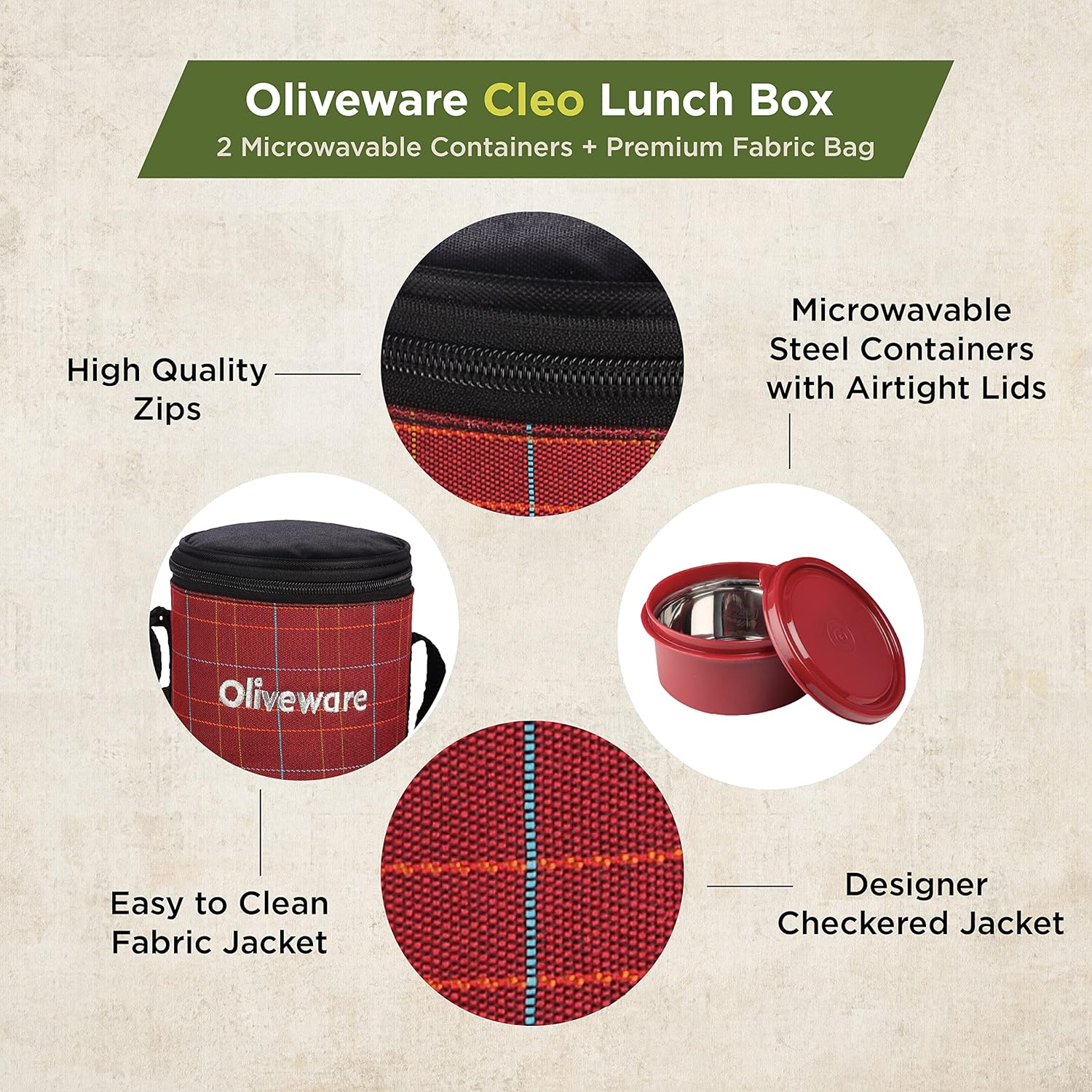 SOPL-OLIVEWARE Cleo Lunch Box, Microwave Safe & Leak Proof, 2 Inner Steel Containers with BPA Free Airtight Lids (450ml & 600ml), Fabric Bag - Red
