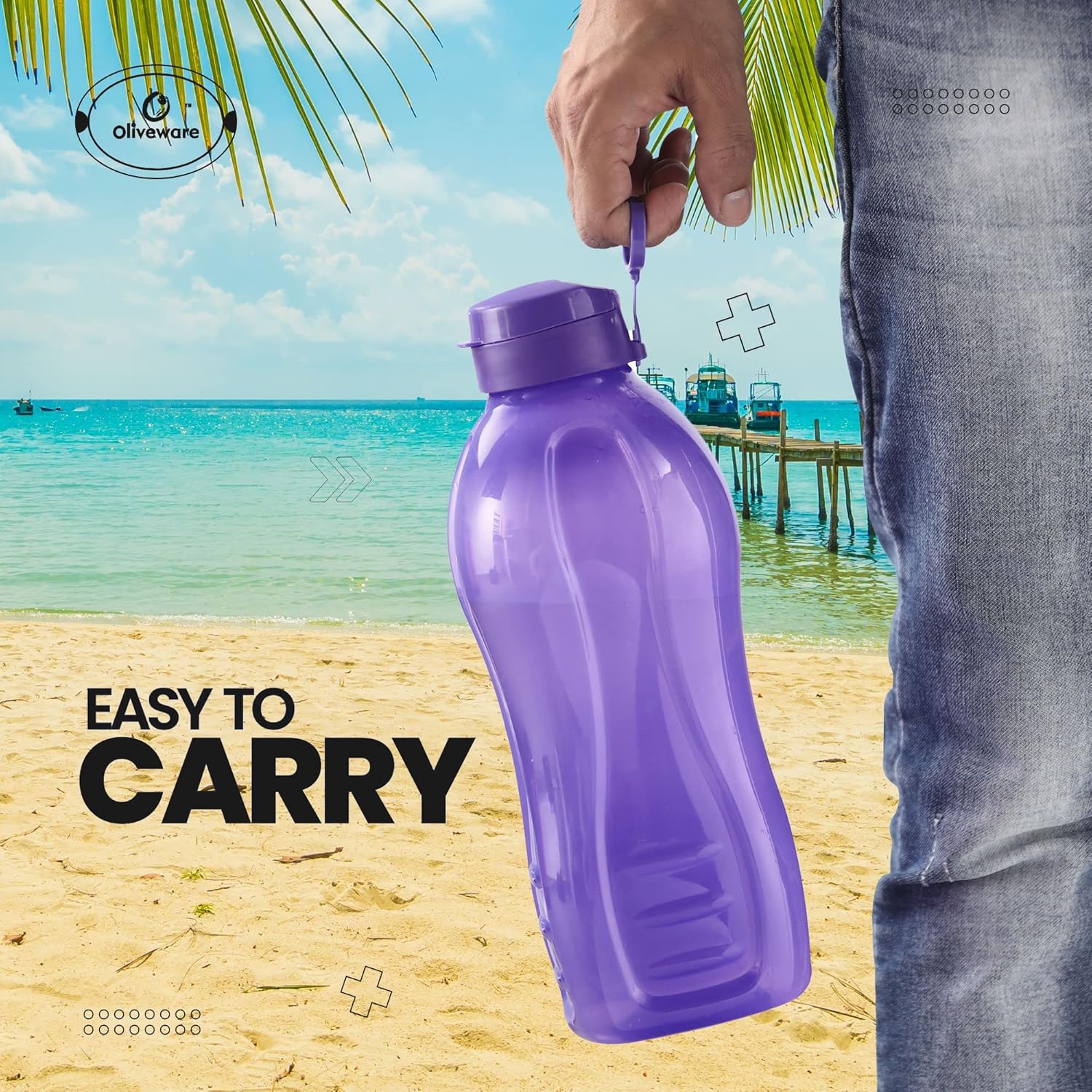 oliveware Jumbo 2 Litre Water Bottle, 100% Leak Proof, BPA Free Premium Plastic Bottle, for Home, Office & Gym, Sturdy with Holder, Pack of 6 (Voilet)