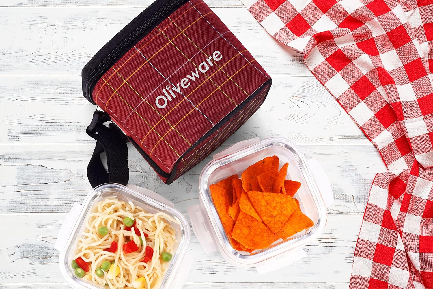 SOPL-OLIVEWARE Feast Glassware Square Lunchbox, Borosilicate Glass Containers, Microwave Safe & Leak Proof, 2 Containers with BPA Free Lids (320ml) Each - Red