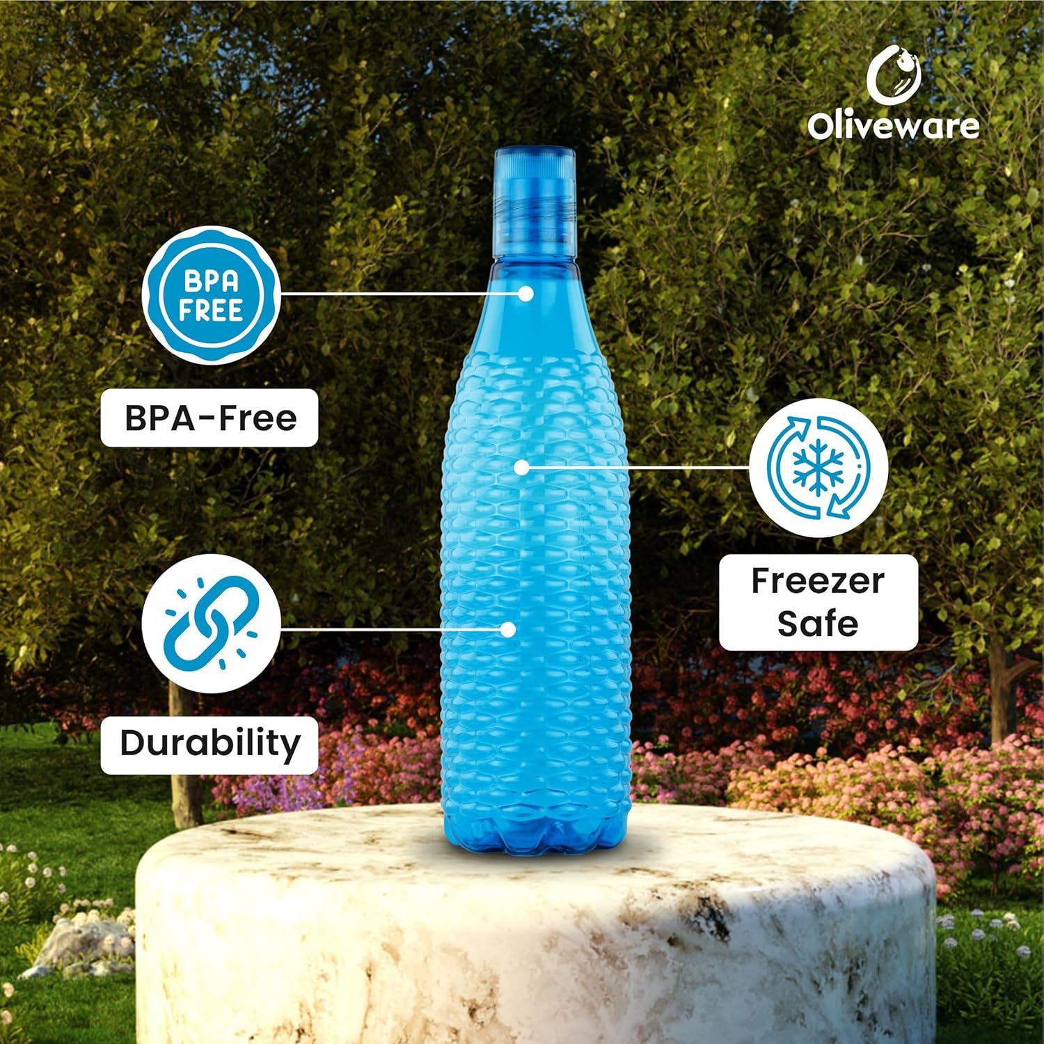 oliveware Premium Mosaic Range Plastic Water Bottle, 1L, Set of 3, Blue